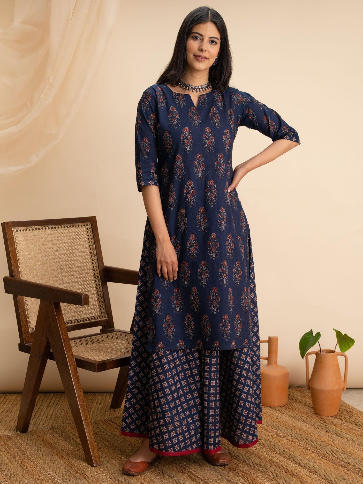 Blue Printed Cotton Kurta Set