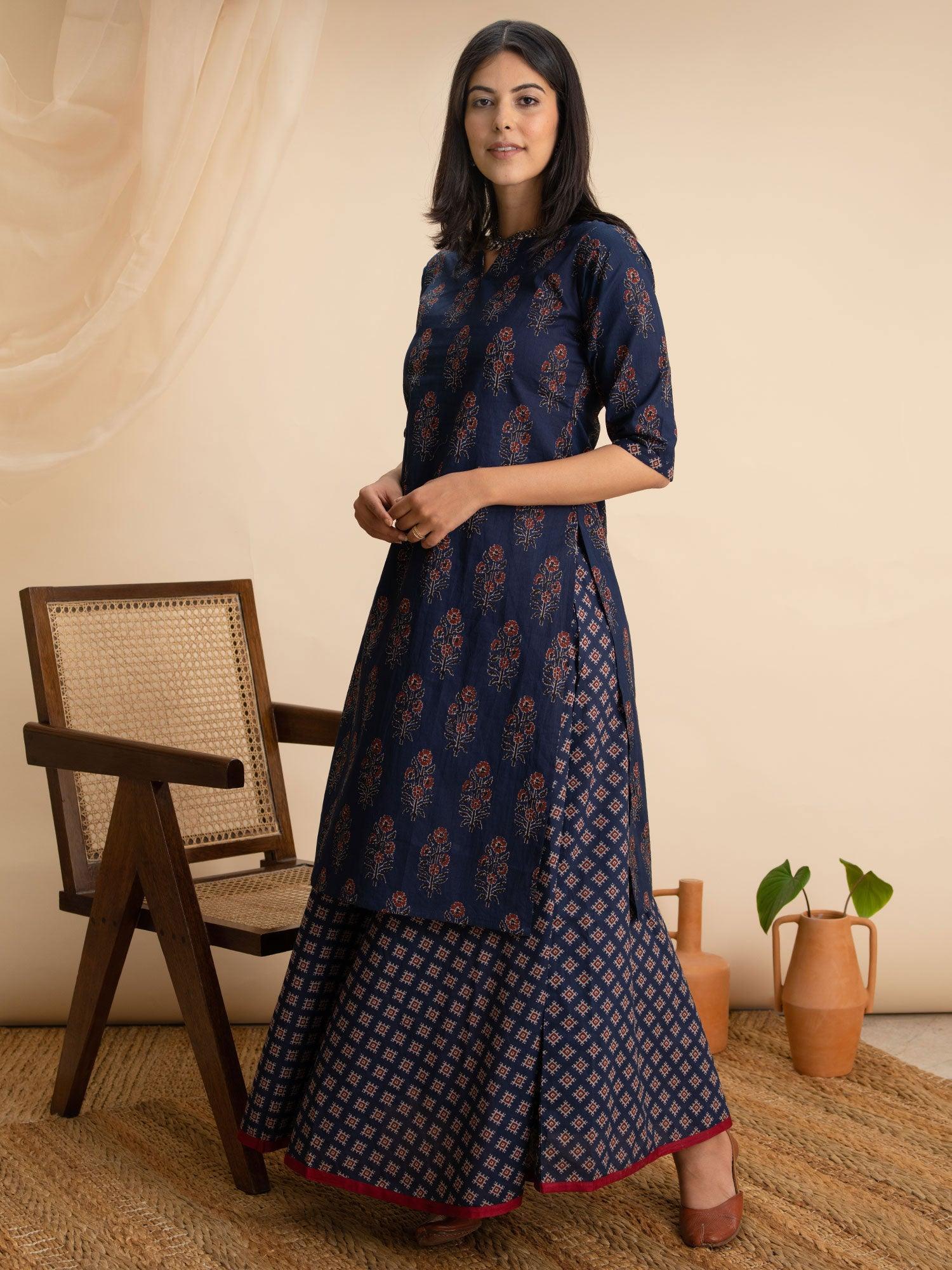 Blue Printed Cotton Kurta Set