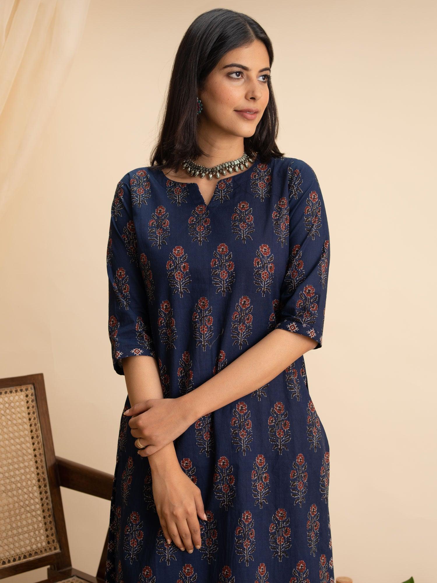 Blue Printed Cotton Kurta Set