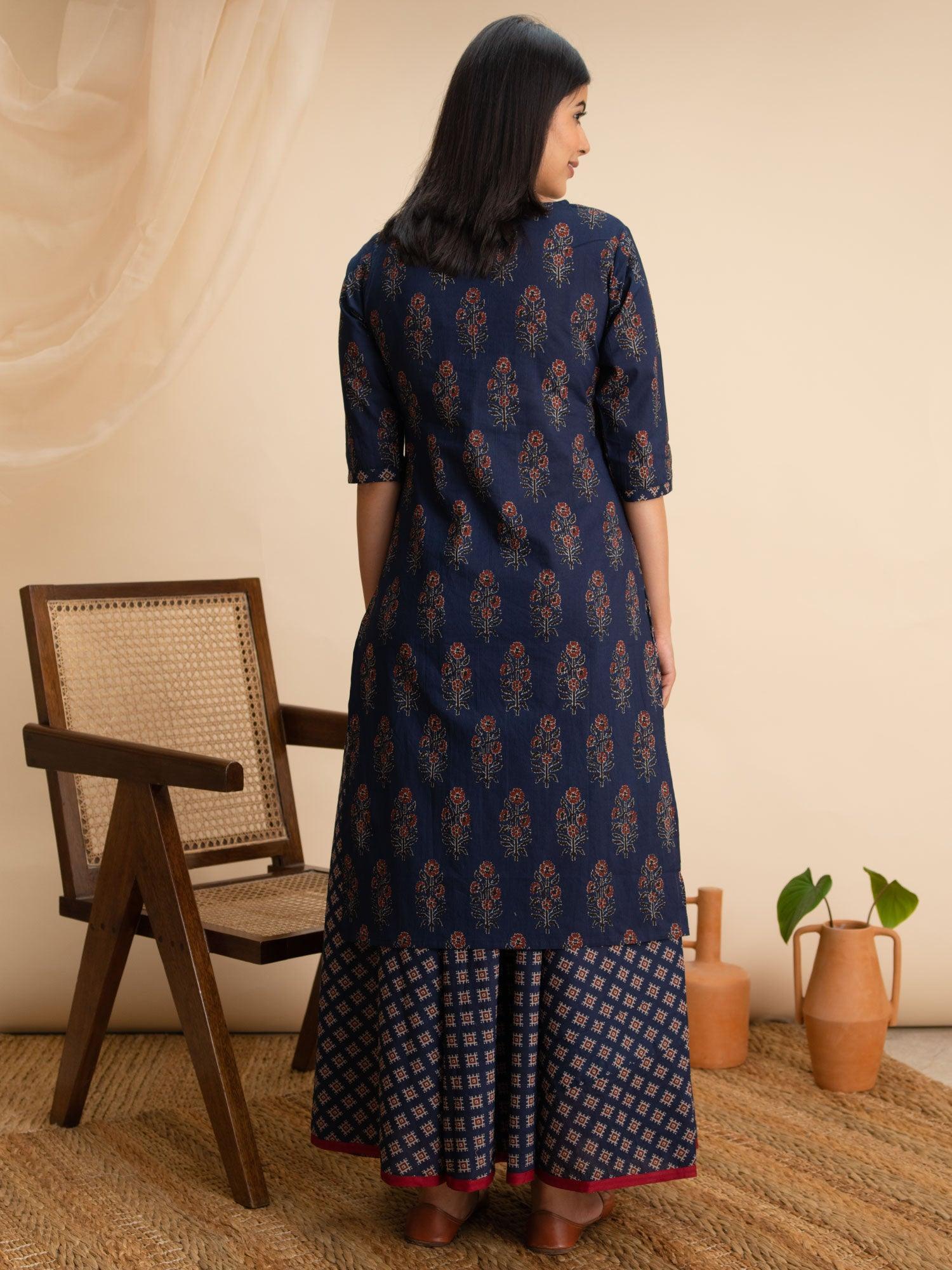 Blue Printed Cotton Kurta Set