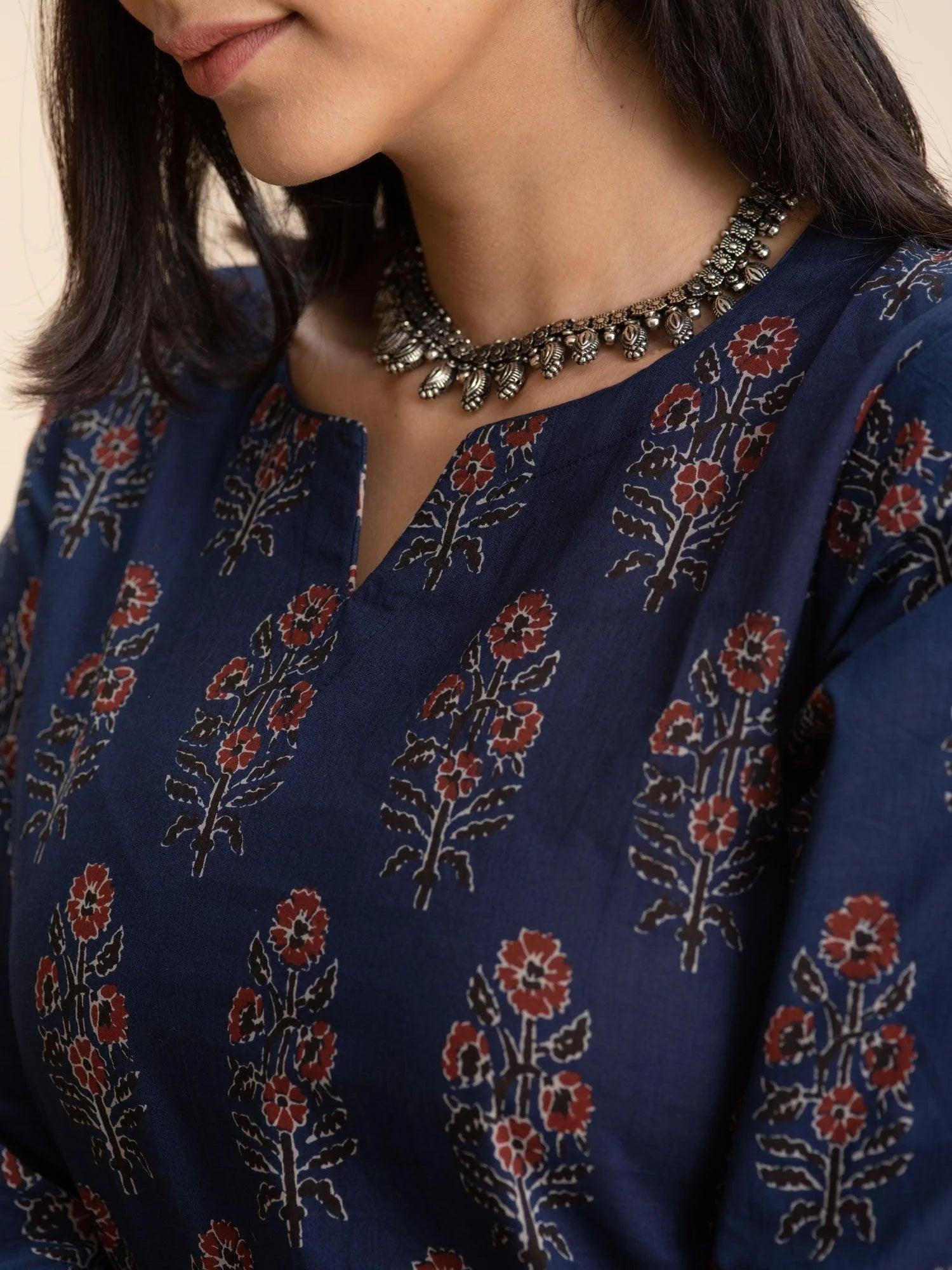 Blue Printed Cotton Kurta Set