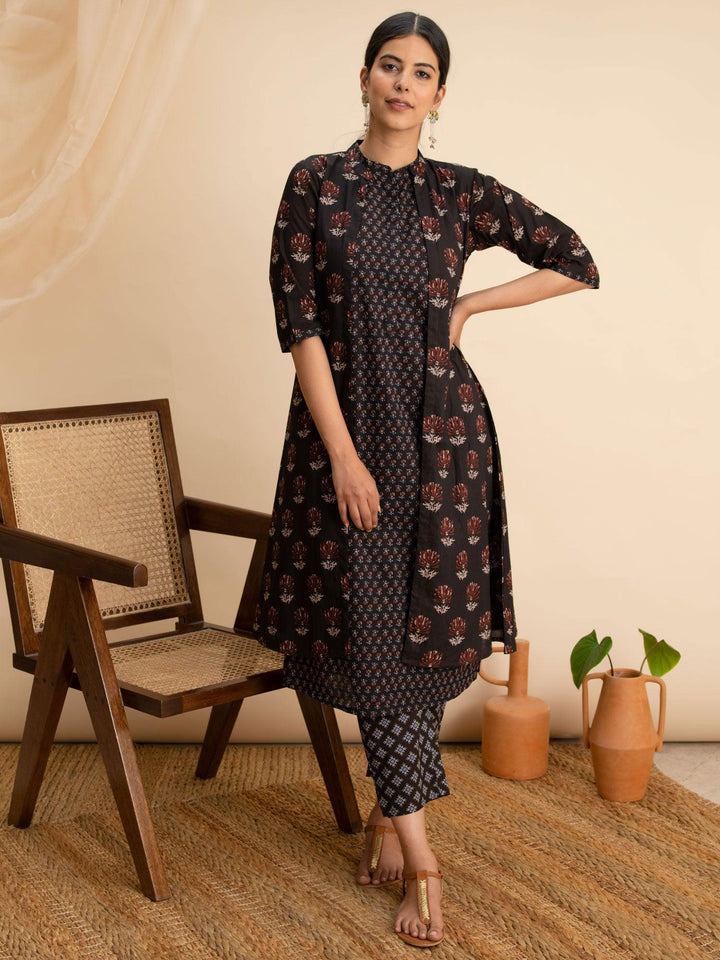 Black Printed Cotton Kurta Set With Shrug - ShopLibas