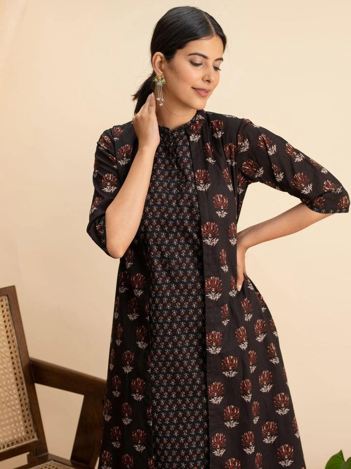 Black Printed Cotton Kurta Set With Shrug - ShopLibas