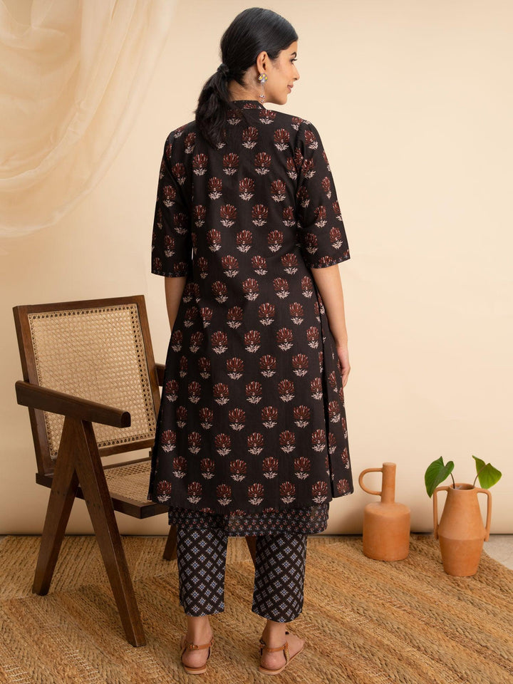 Black Printed Cotton Kurta Set With Shrug - ShopLibas