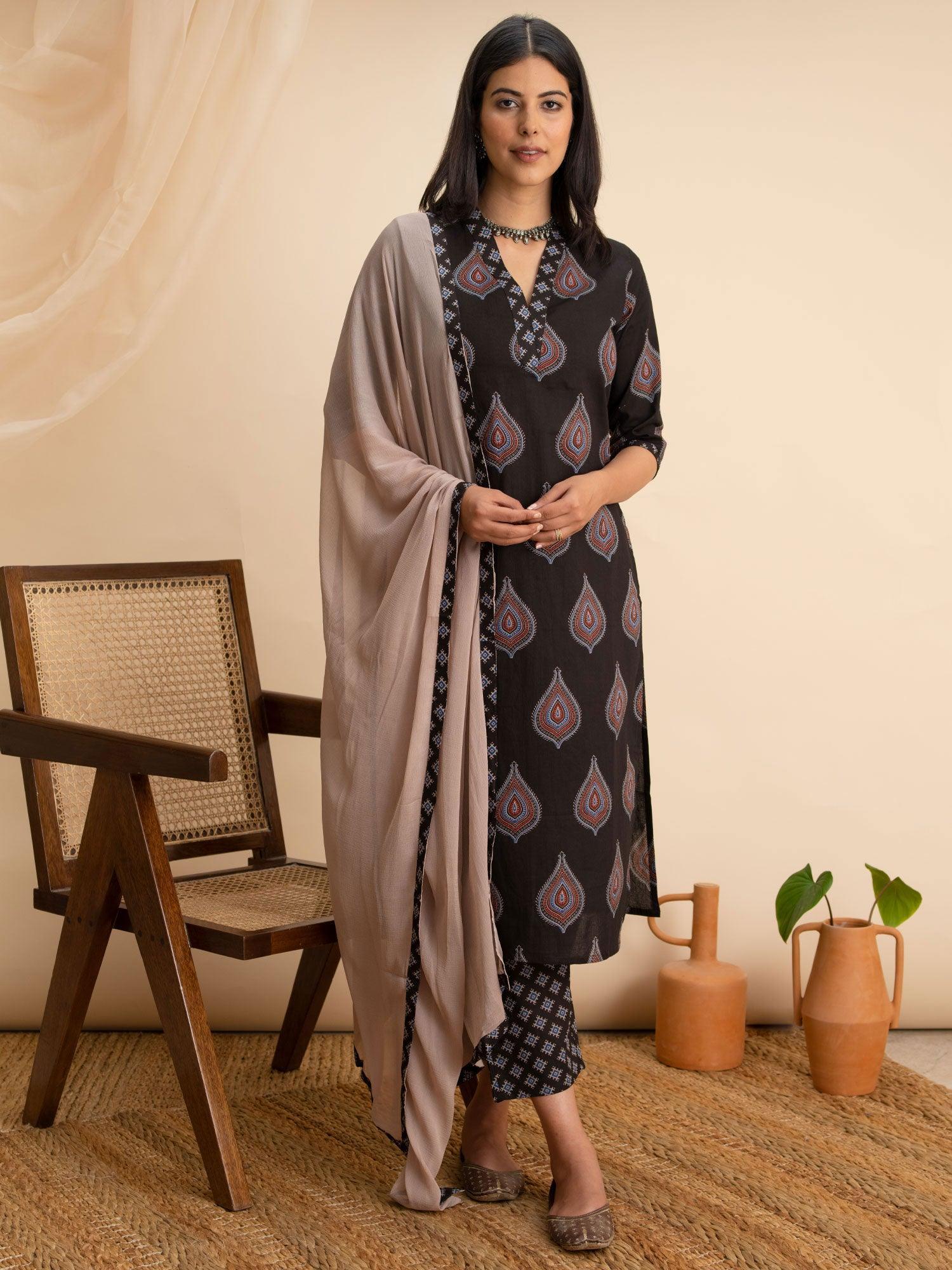 Black Printed Cotton Suit Set