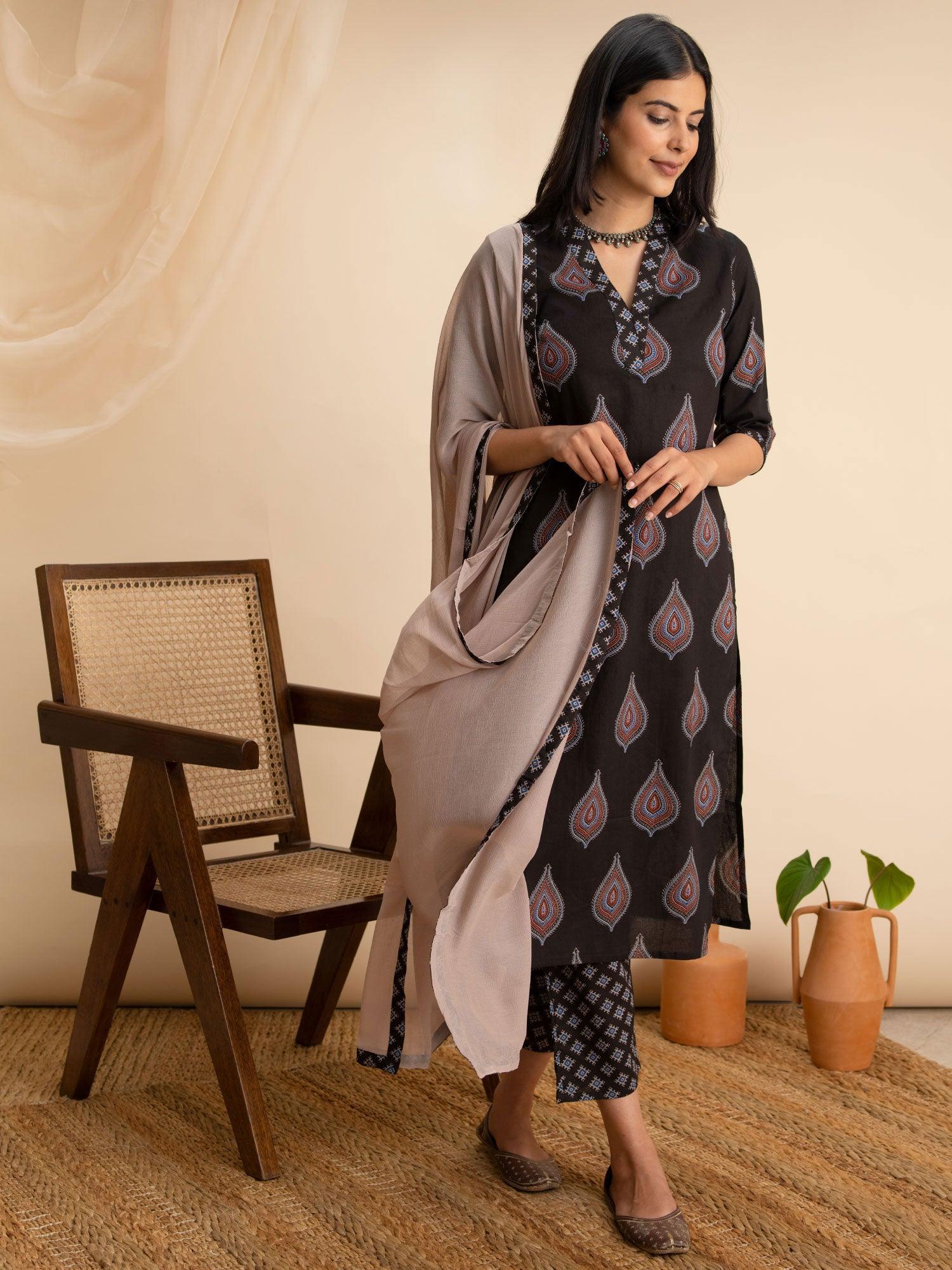 Black Printed Cotton Suit Set