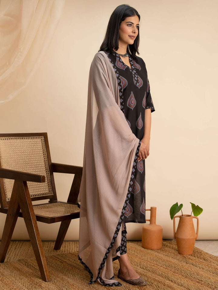 Black Printed Cotton Suit Set - ShopLibas