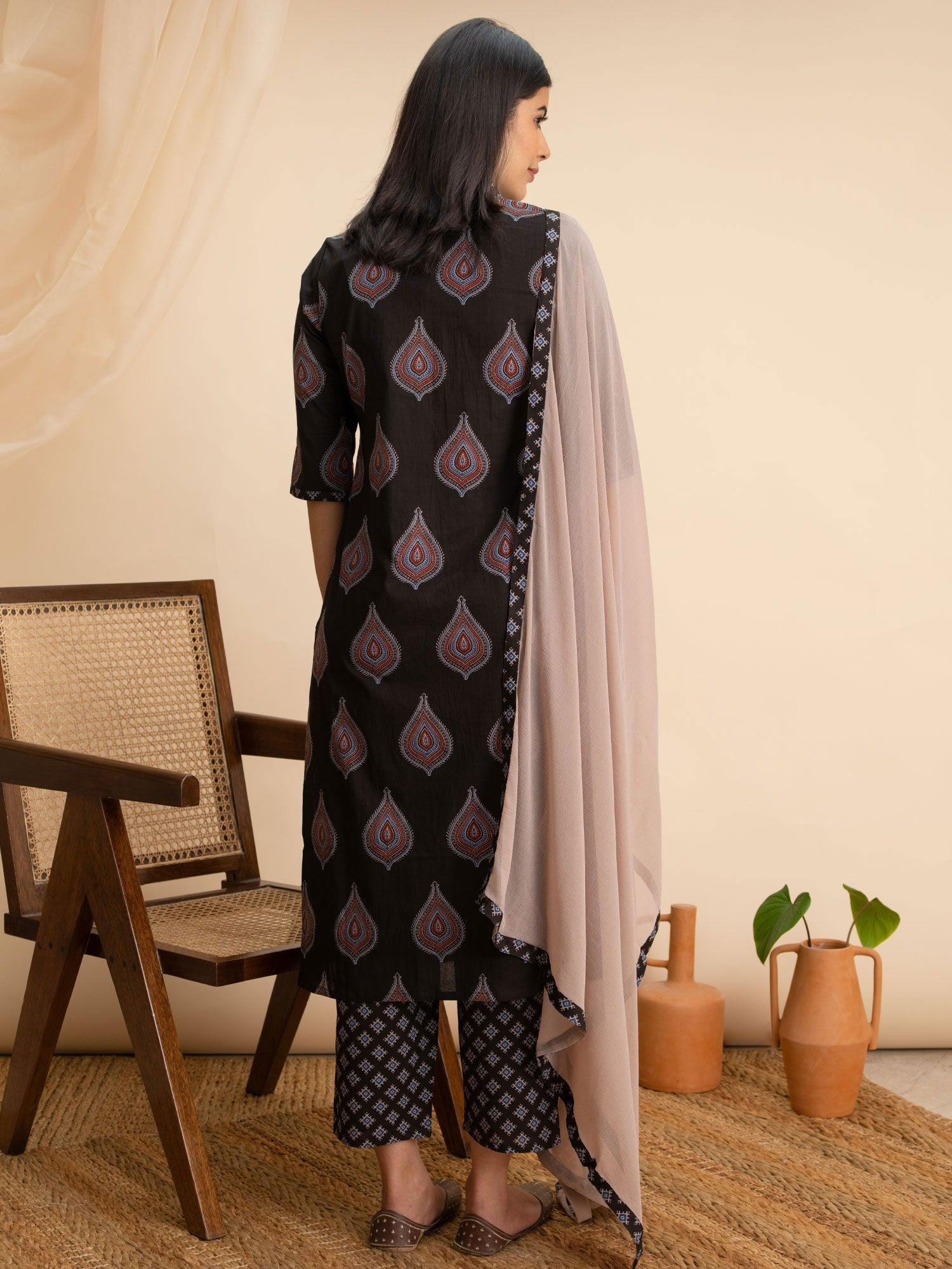 Black Printed Cotton Suit Set