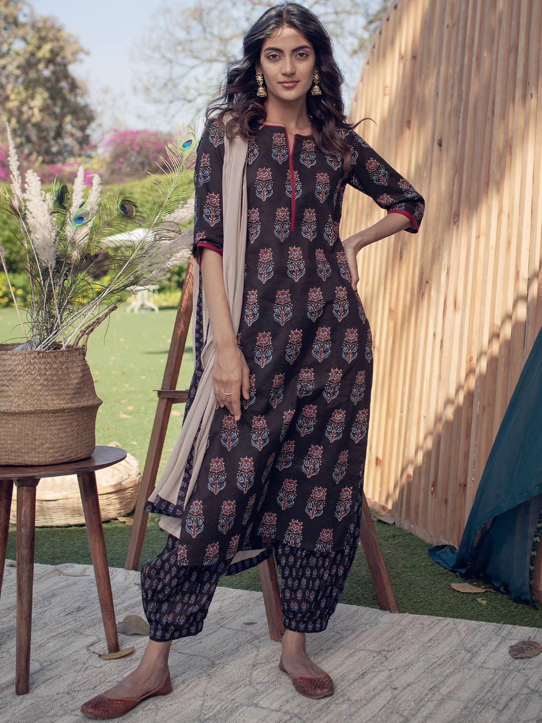 Black Printed Cotton Suit Set