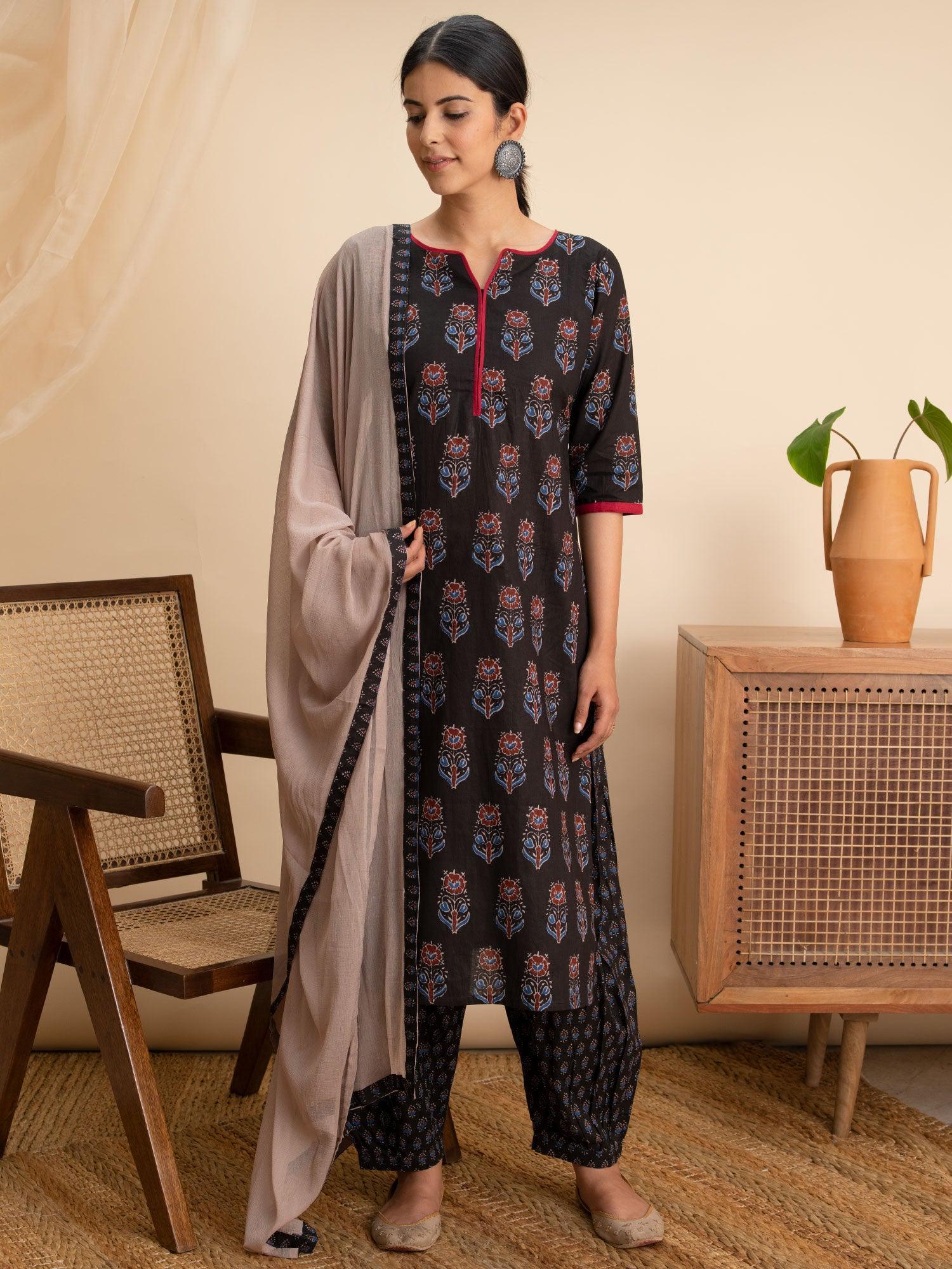 Black Printed Cotton Suit Set