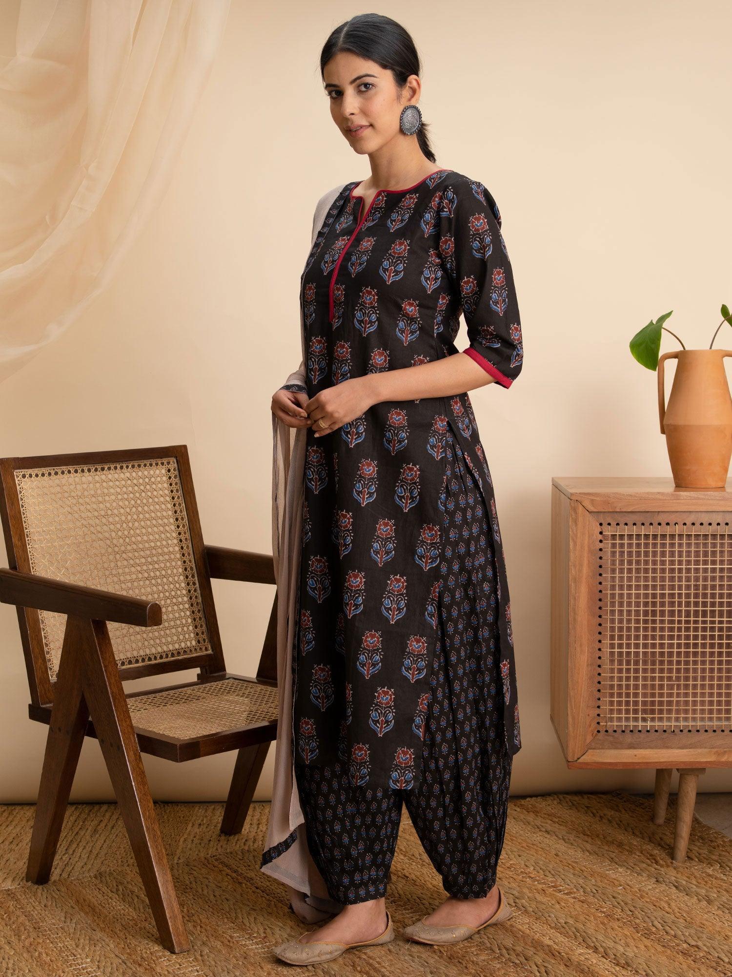 Black Printed Cotton Suit Set