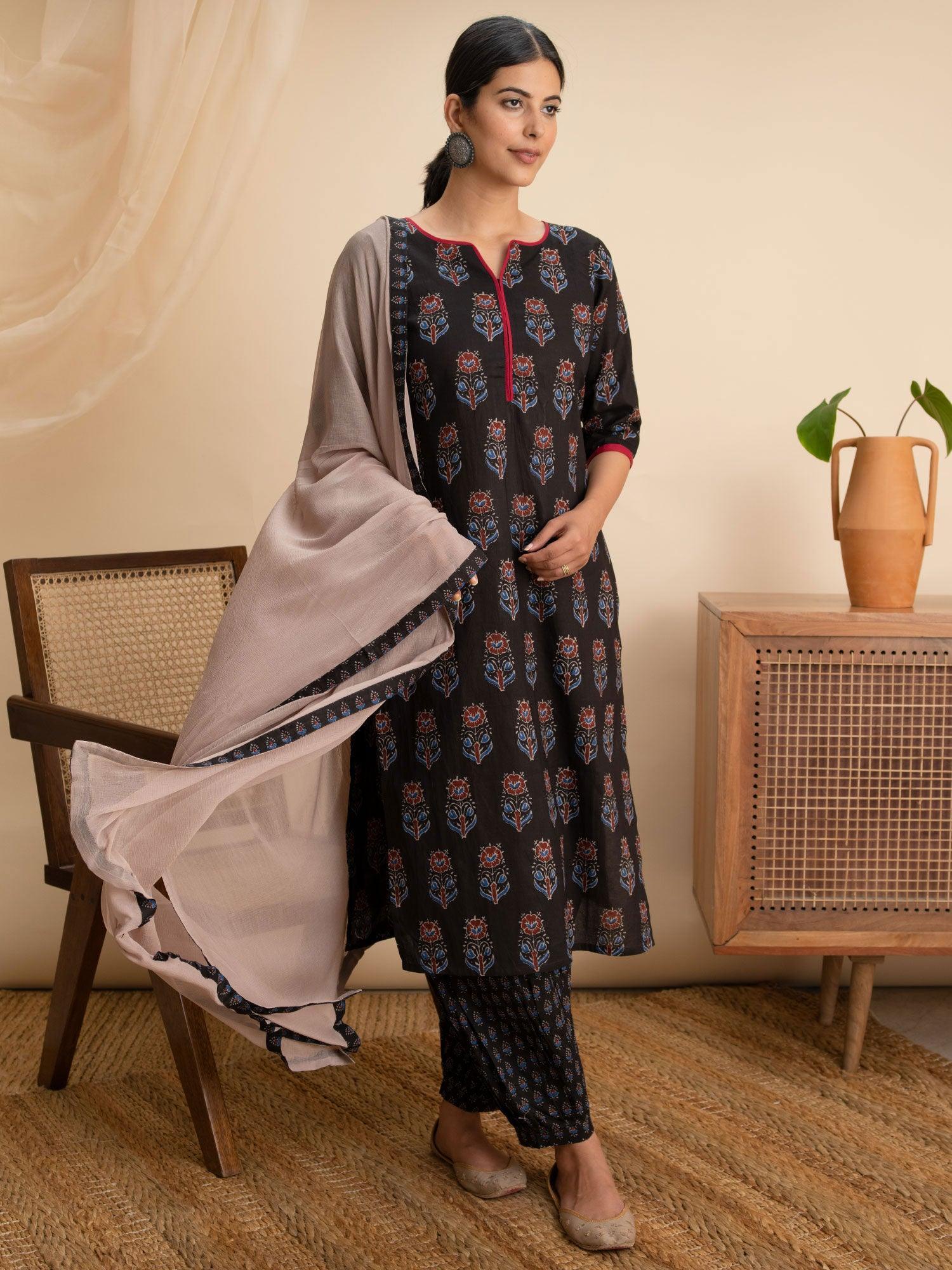 Black Printed Cotton Suit Set