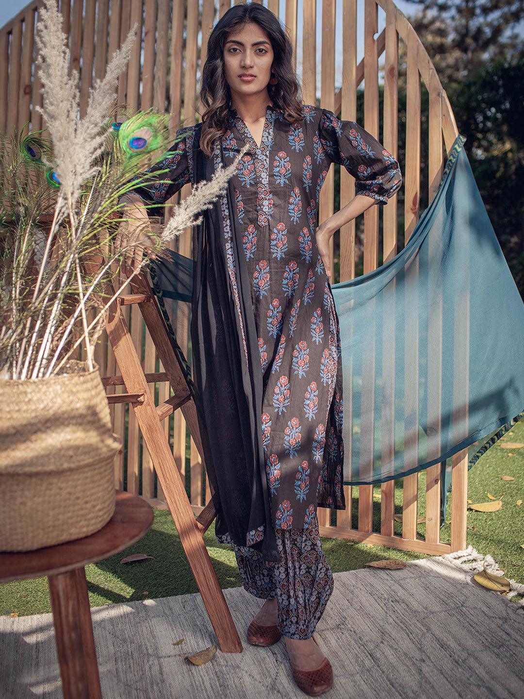 Black Printed Cotton Suit Set