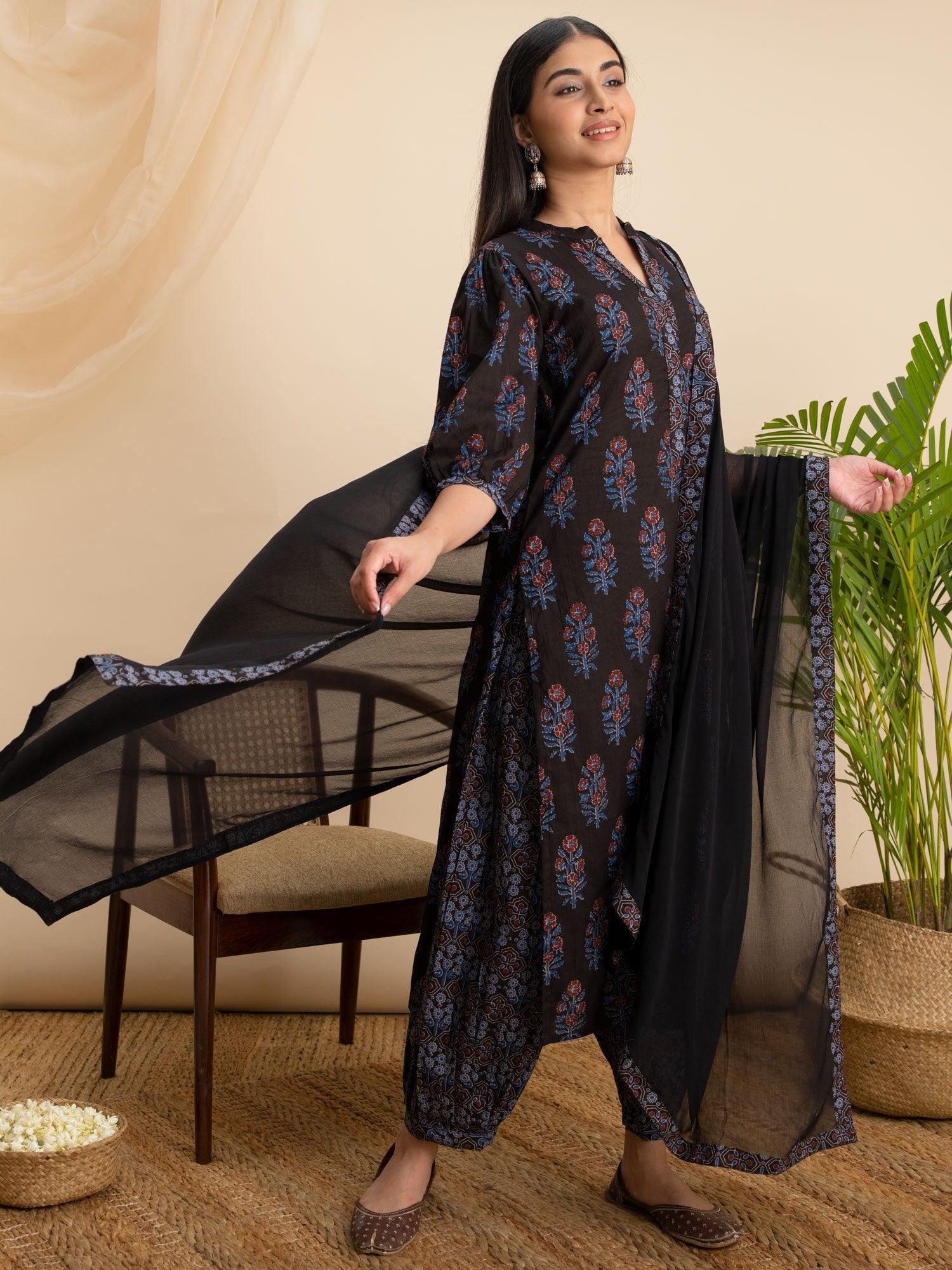 Black Printed Cotton Suit Set