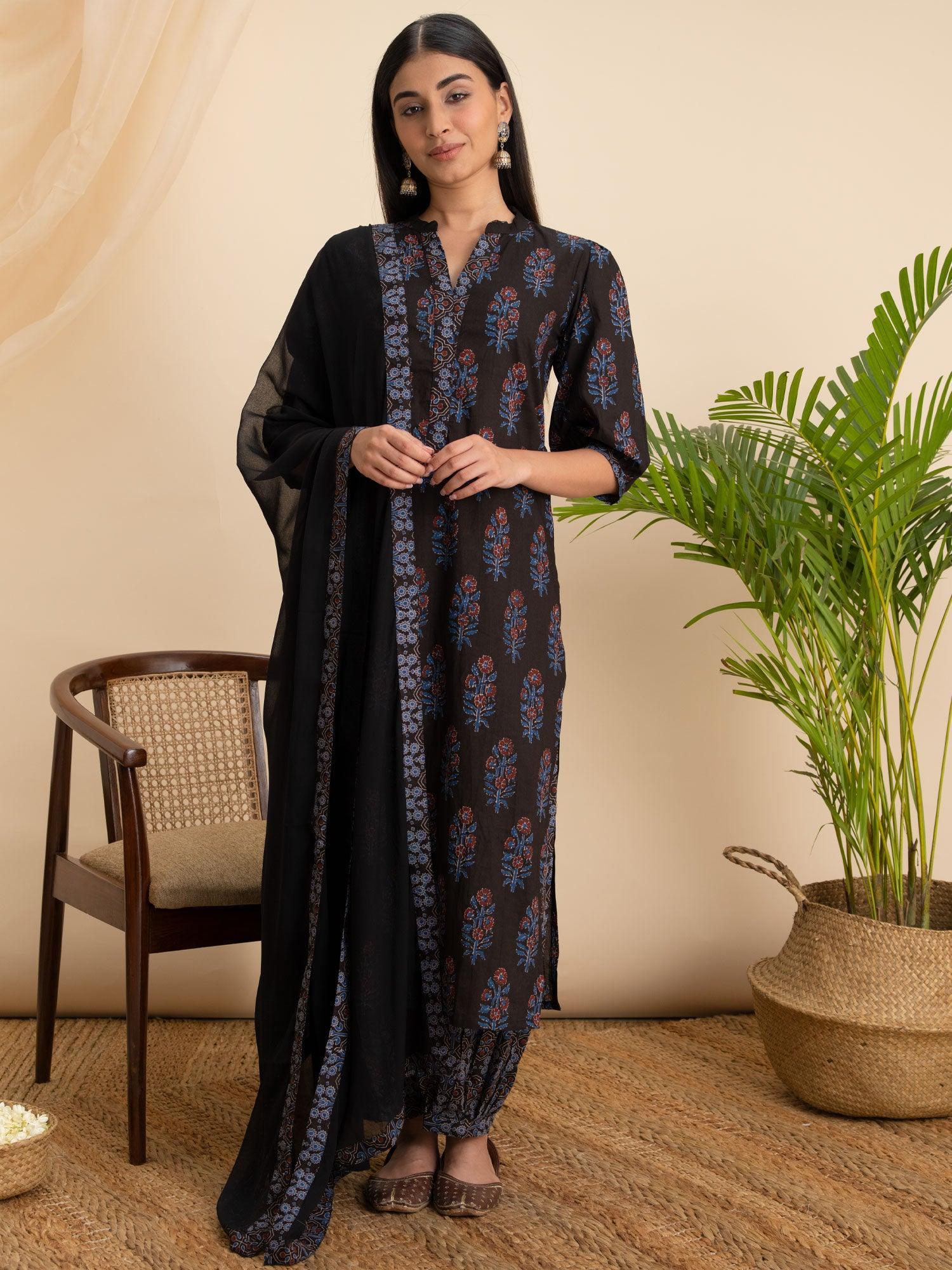 Black Printed Cotton Suit Set