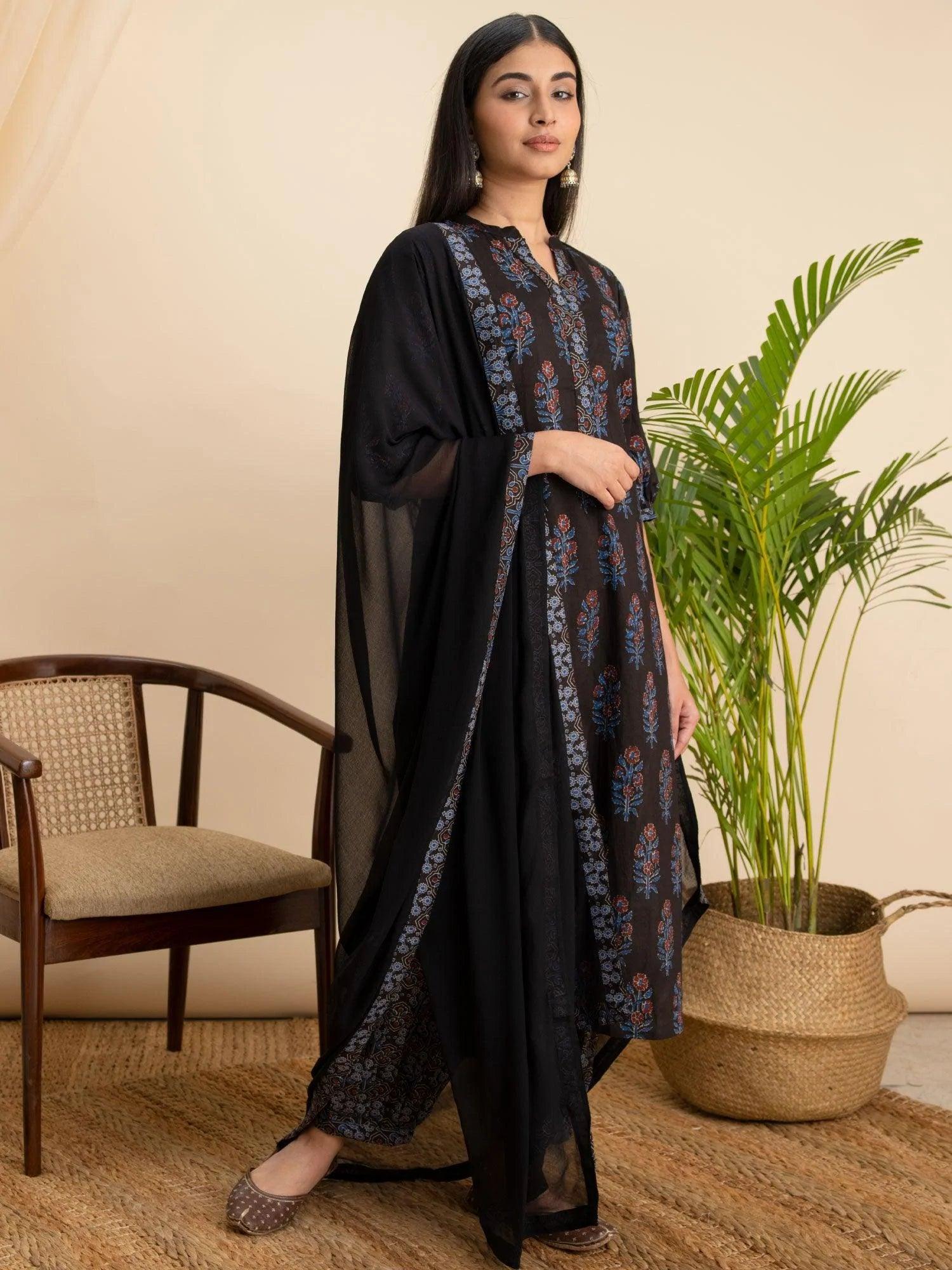 Black Printed Cotton Suit Set