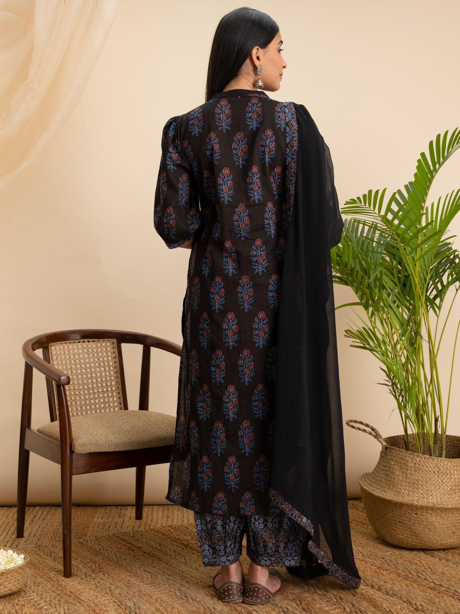 Black Printed Cotton Suit Set