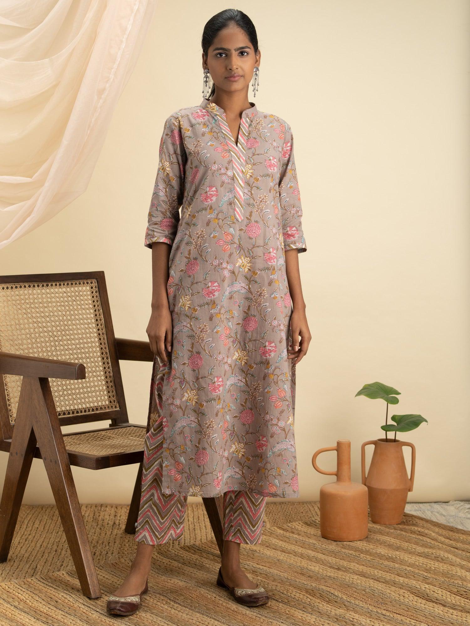 Grey Printed Cotton Kurta Set