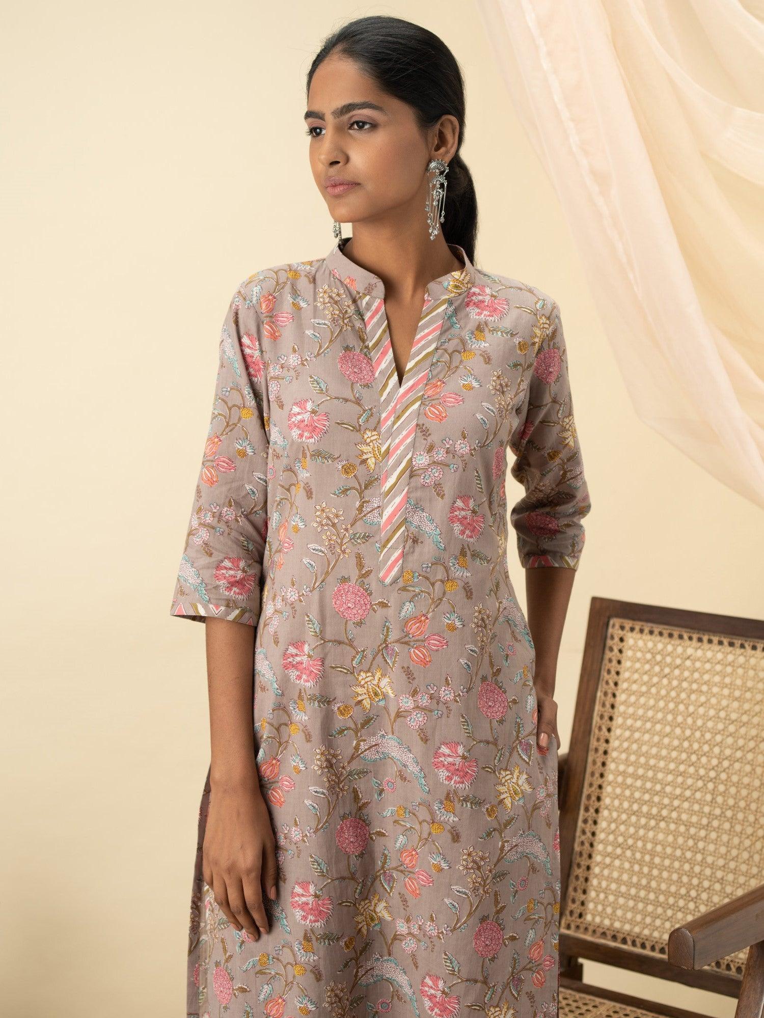 Grey Printed Cotton Kurta Set