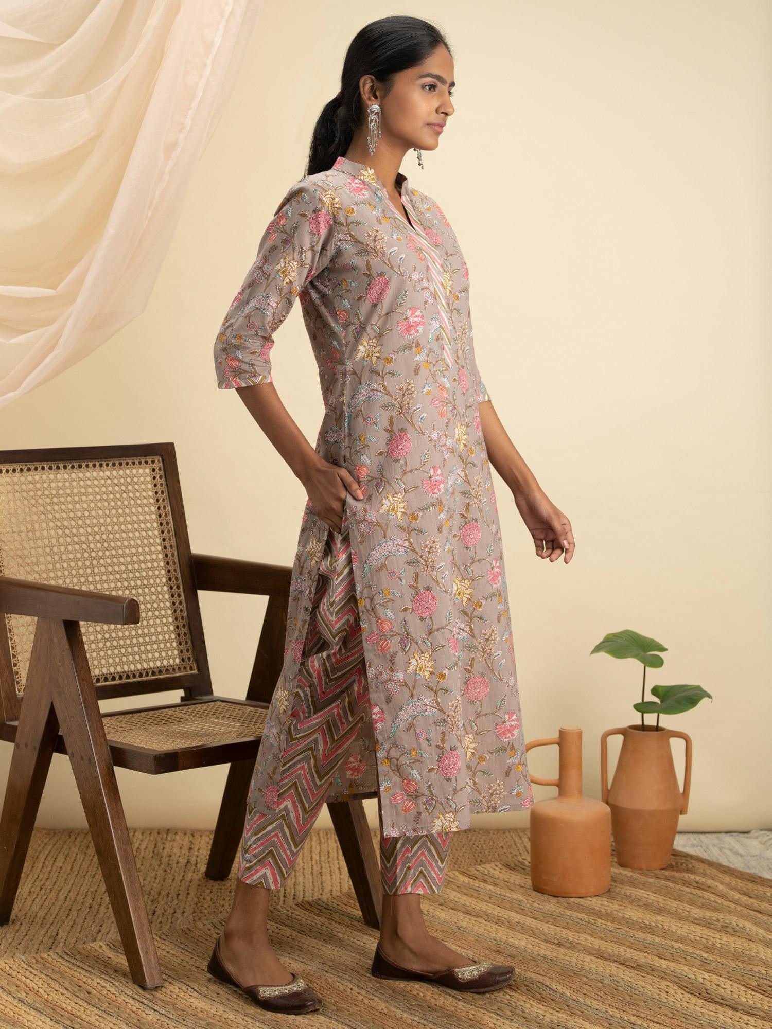 Grey Printed Cotton Kurta Set