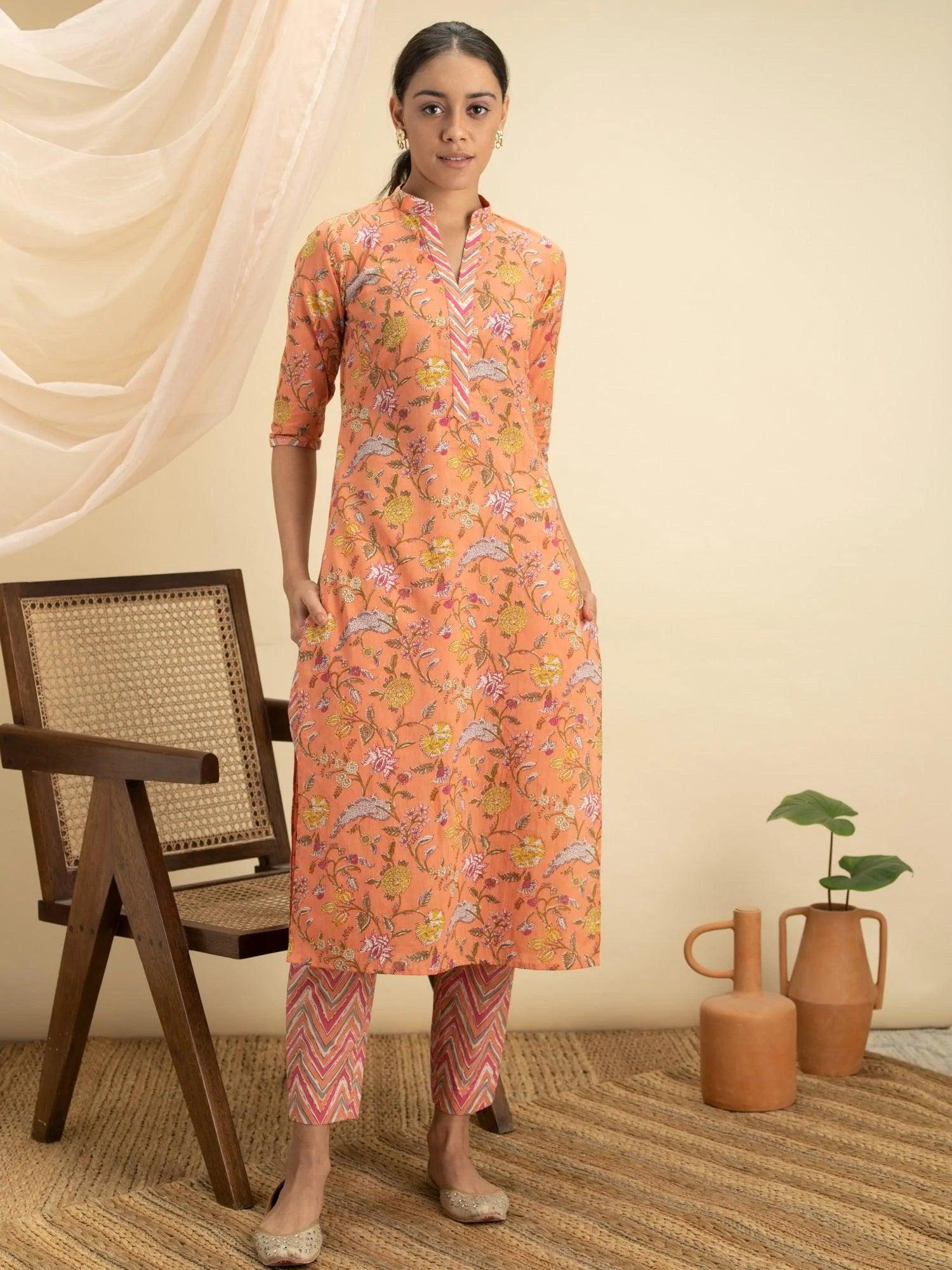 Orange Printed Cotton Kurta Set