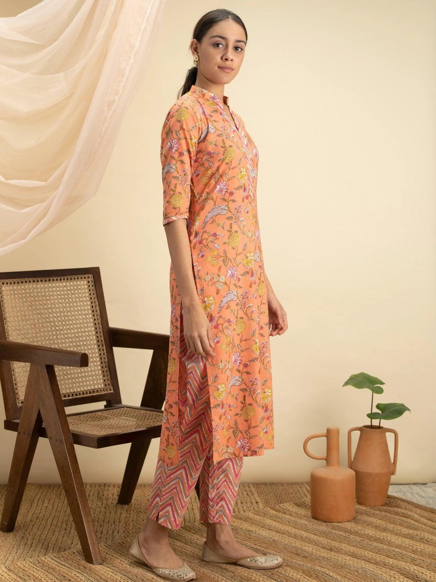 Orange Printed Cotton Kurta Set