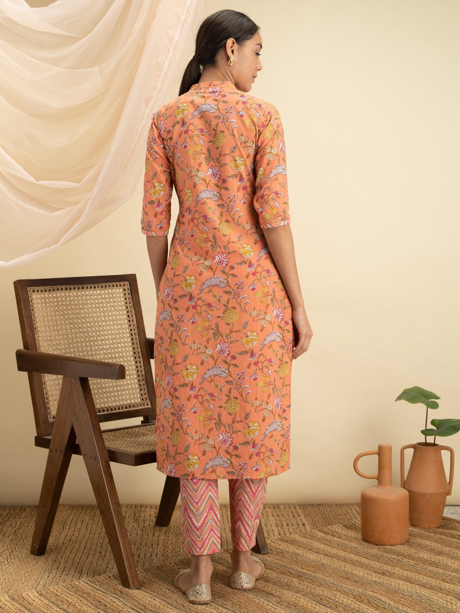 Orange Printed Cotton Kurta Set