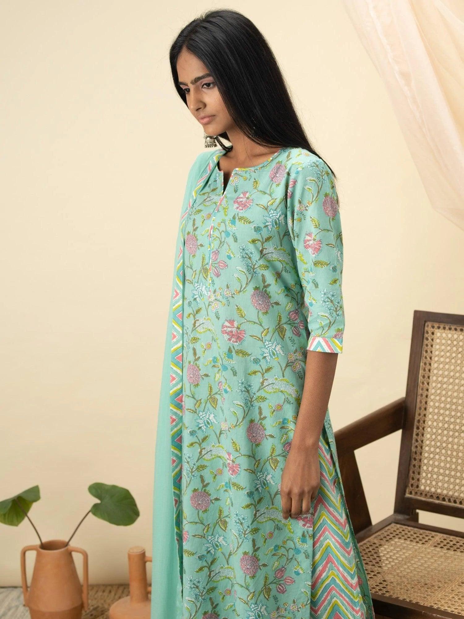 Green Printed Cotton Suit Set