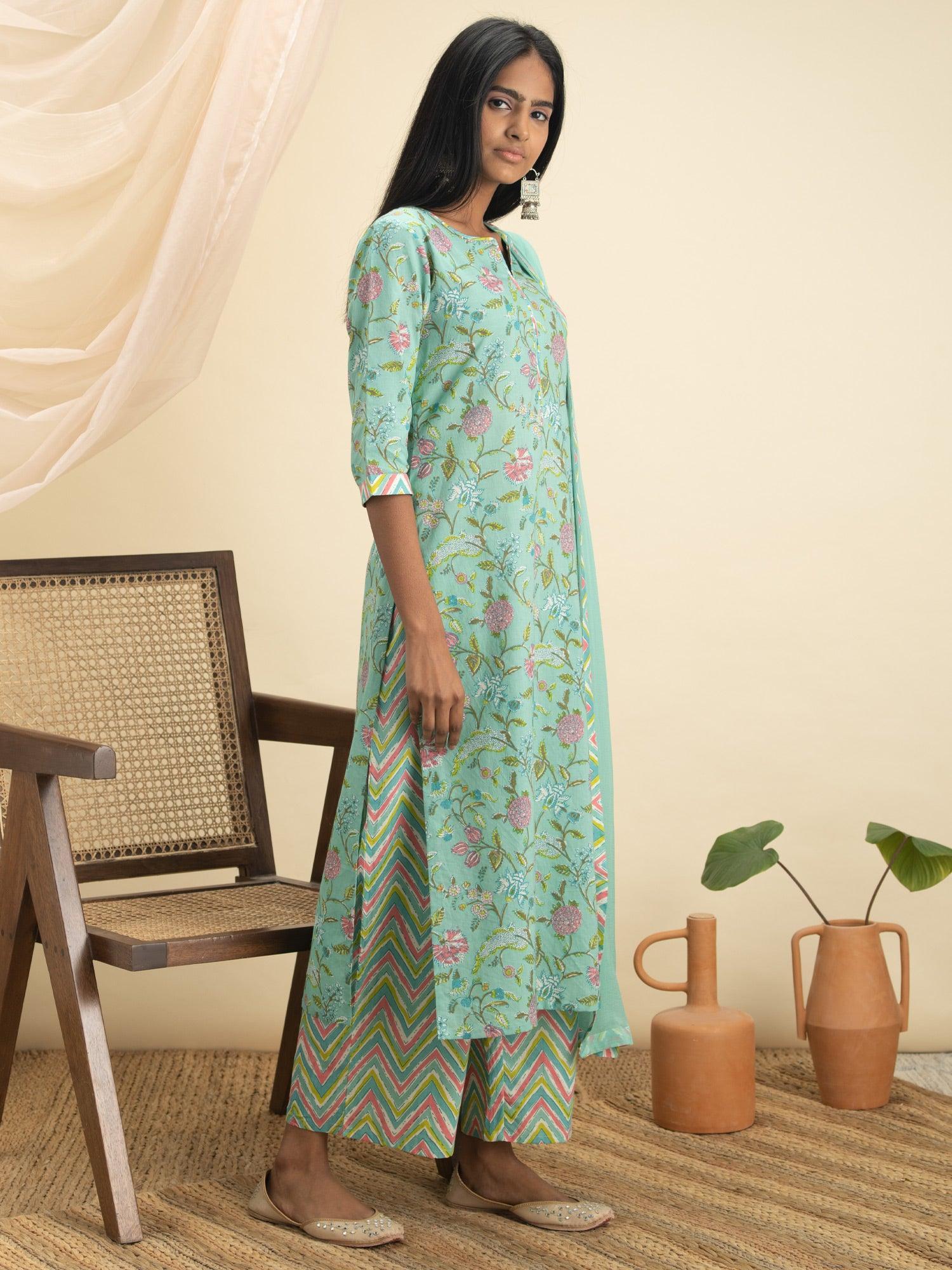 Green Printed Cotton Suit Set