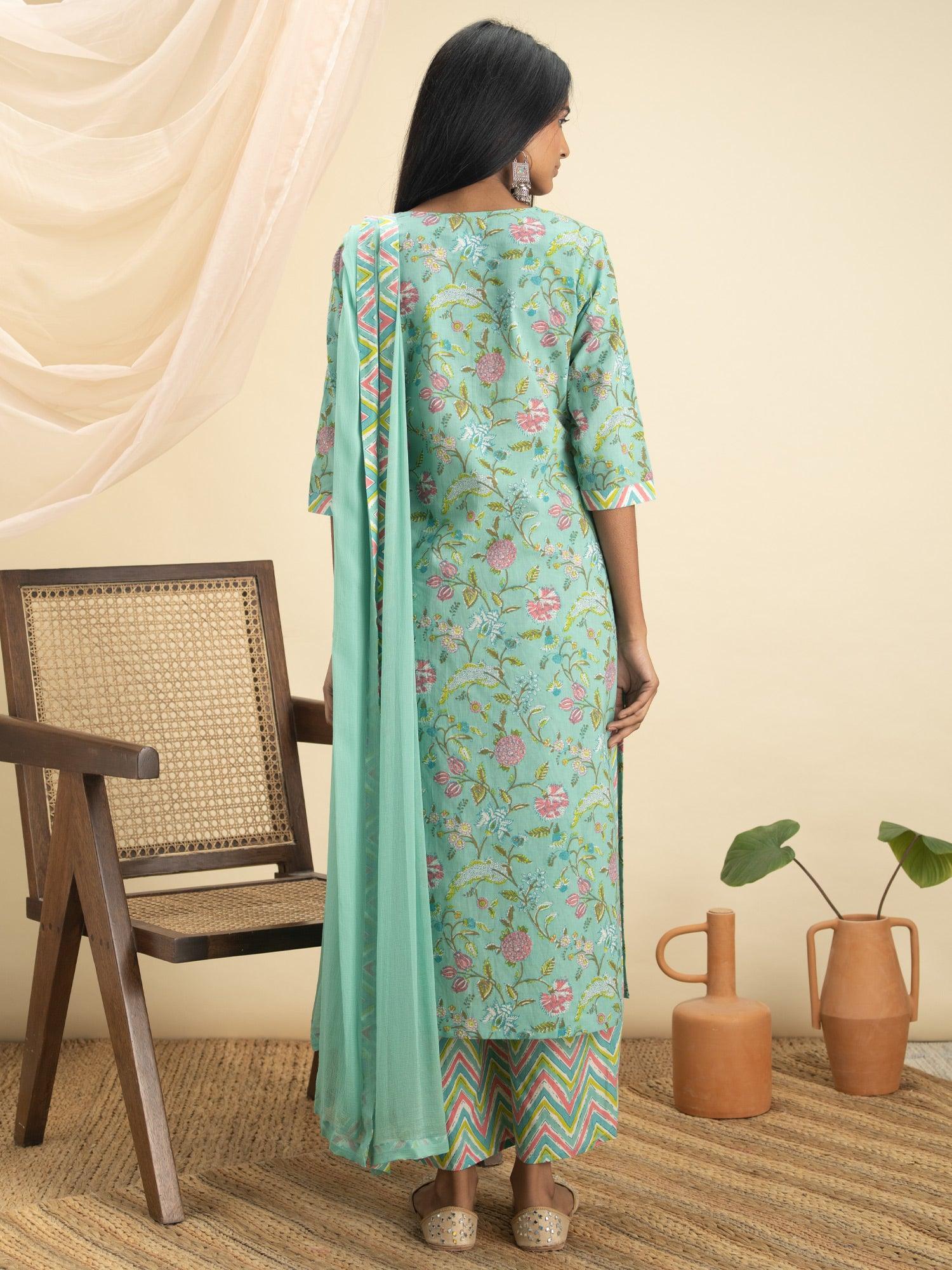 Green Printed Cotton Suit Set