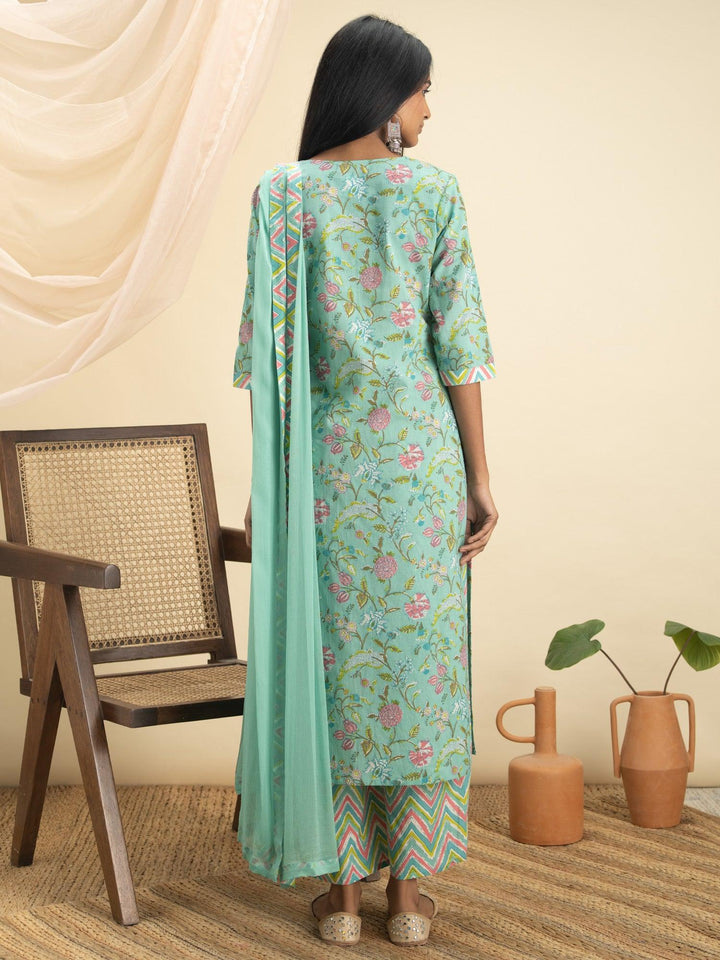 Green Printed Cotton Suit Set - ShopLibas