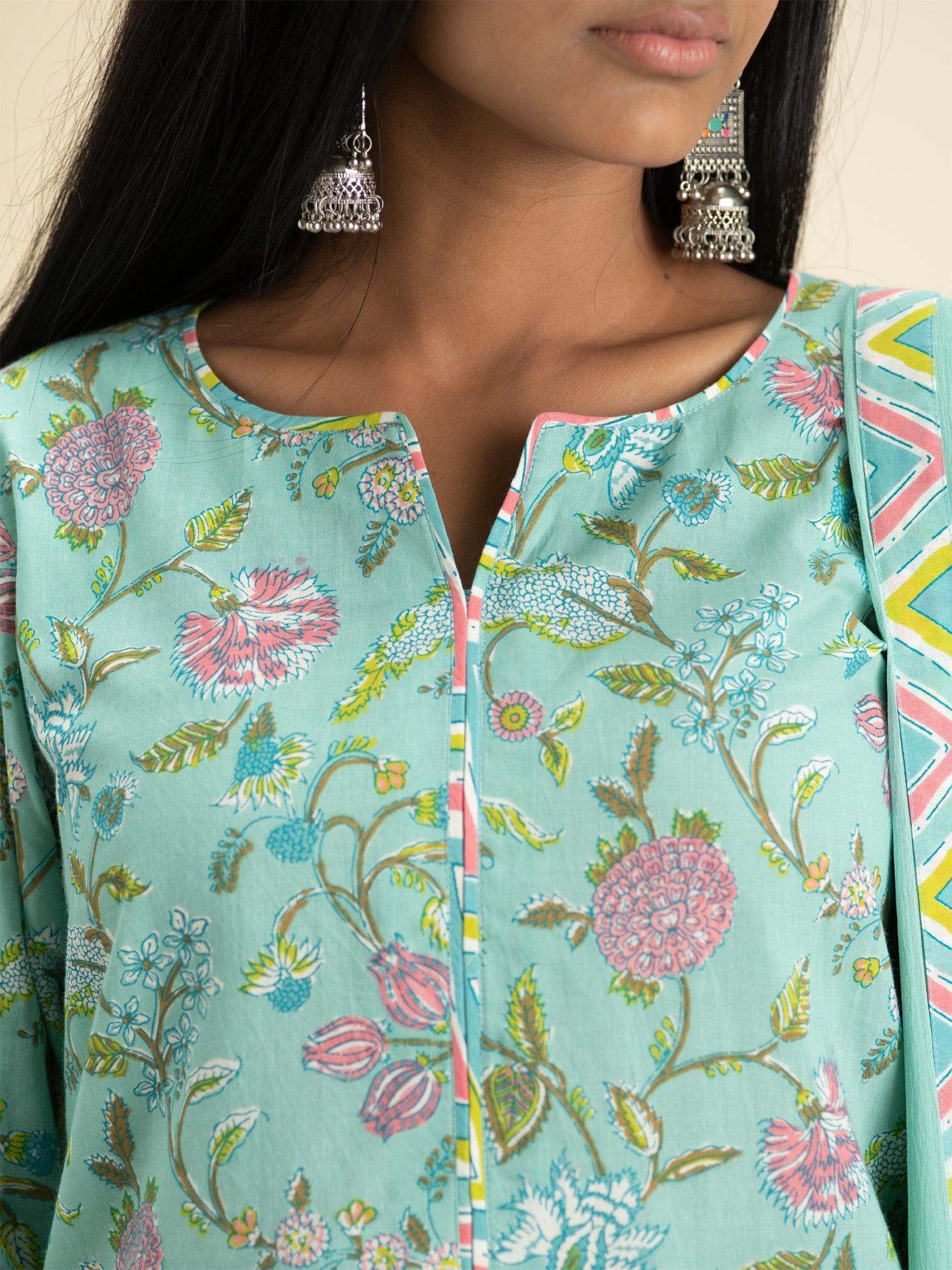 Green Printed Cotton Suit Set