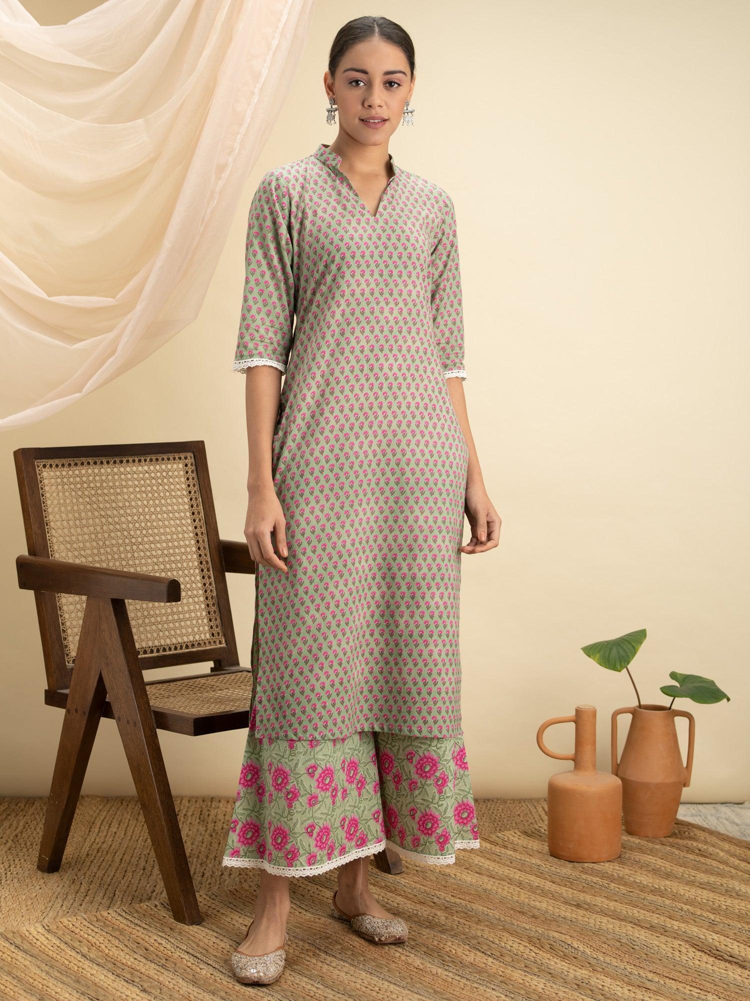 Green Printed Cotton Kurta Set