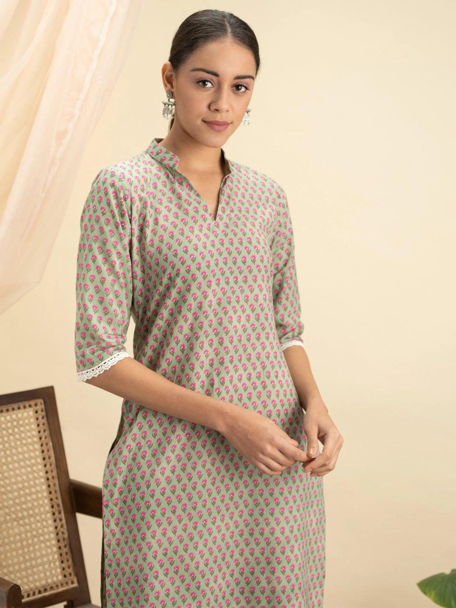 Green Printed Cotton Kurta Set