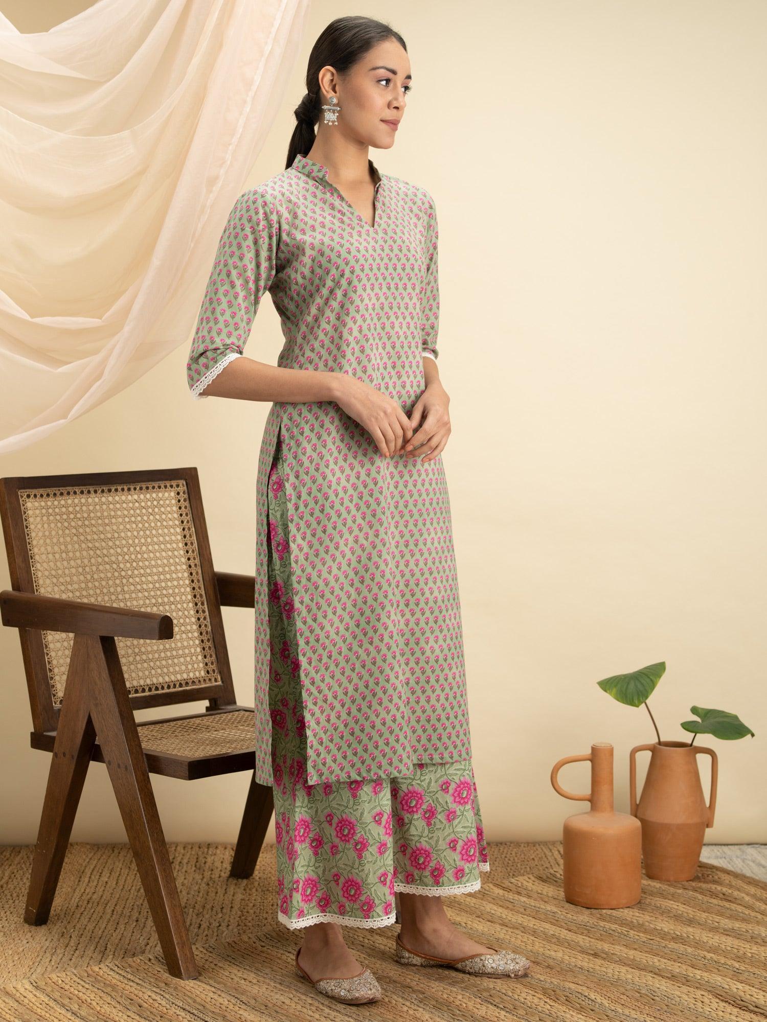 Green Printed Cotton Kurta Set