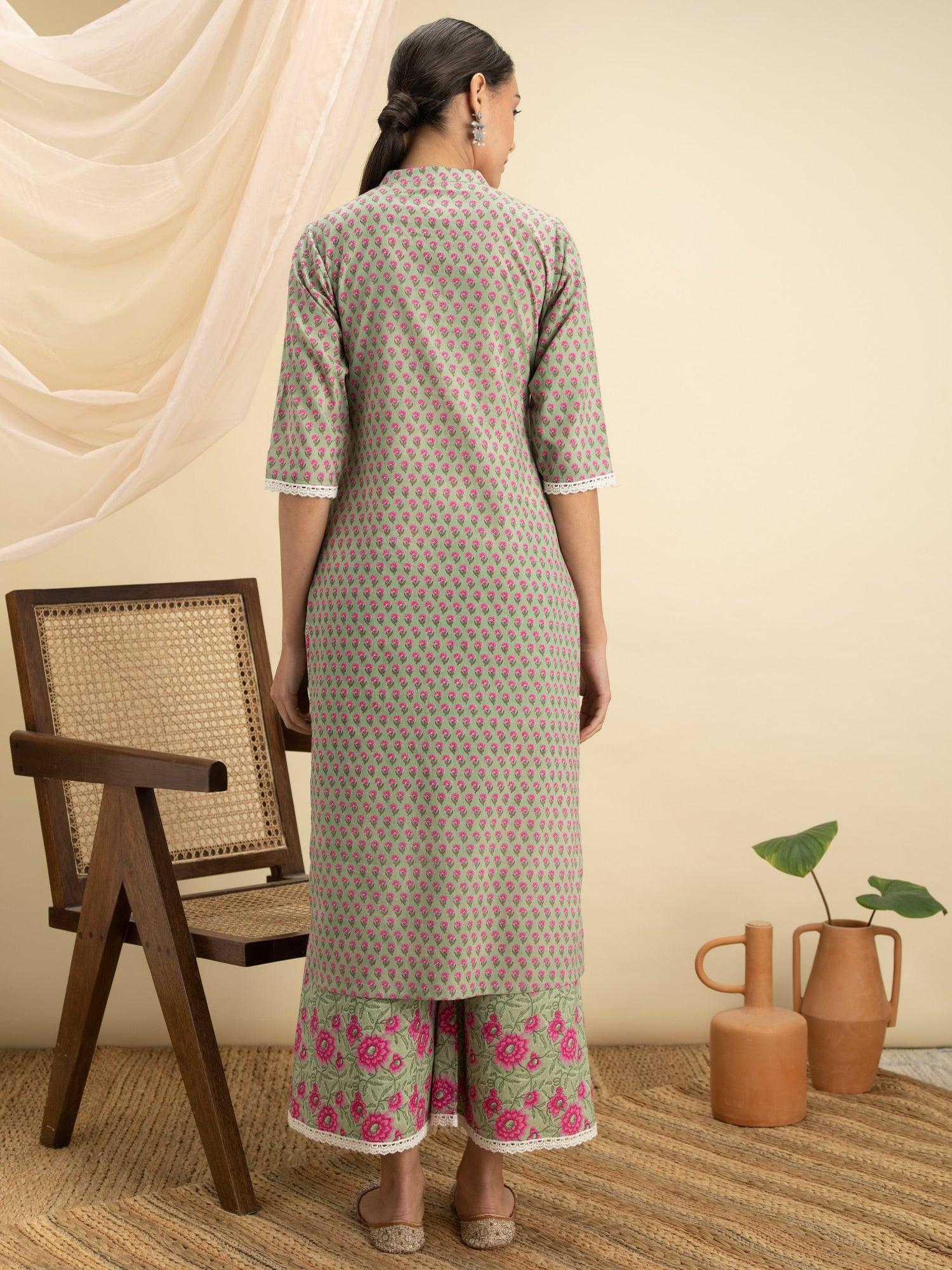 Green Printed Cotton Kurta Set