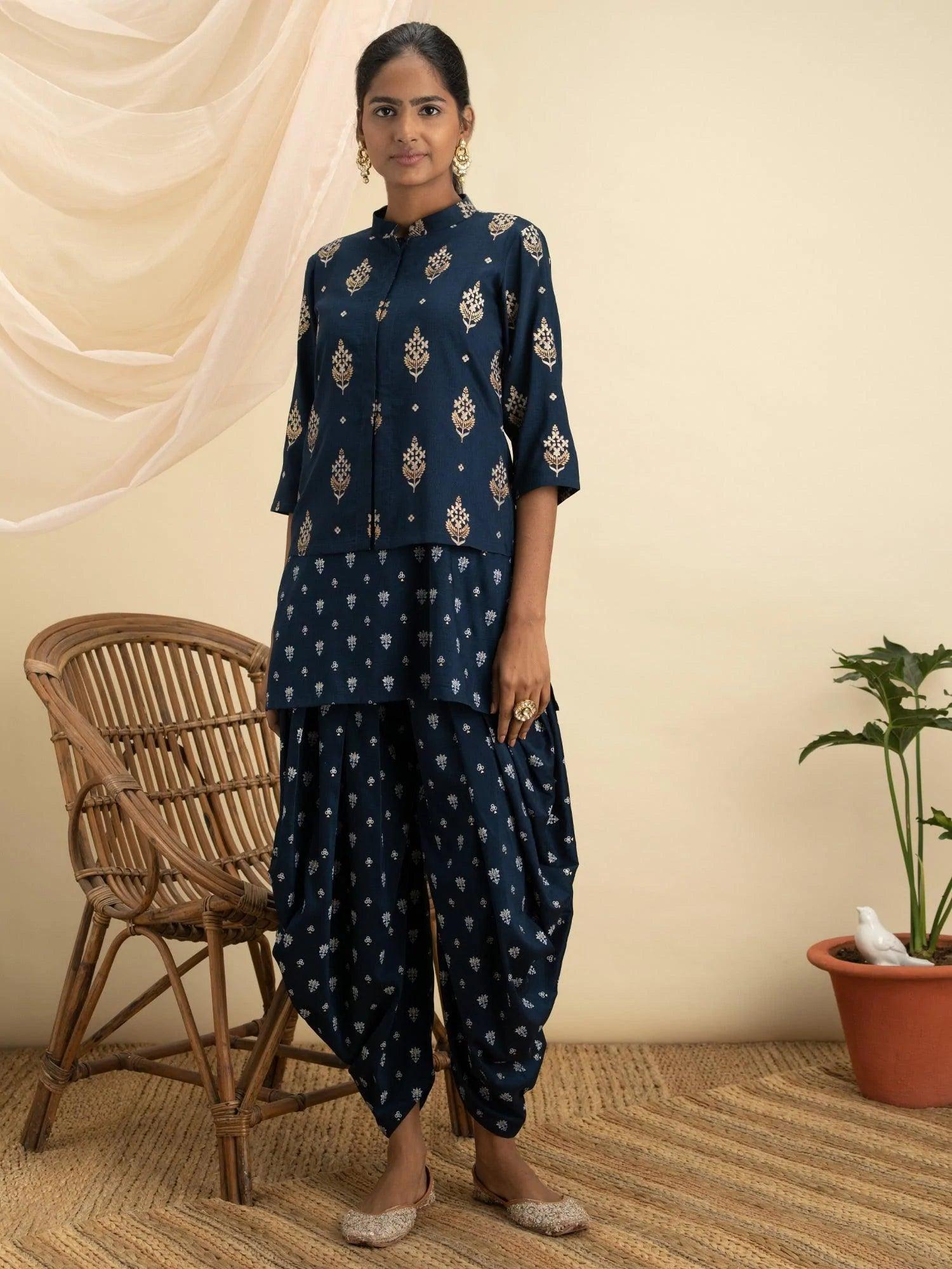 Blue Printed Silk Kurta Set with Jacket