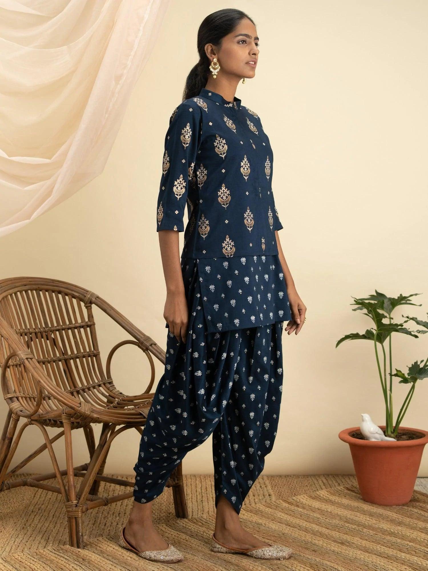 Blue Printed Silk Kurta Set with Jacket