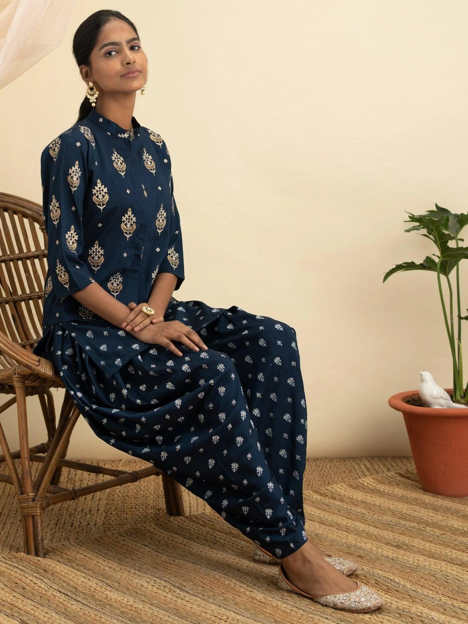 Blue Printed Silk Kurta Set with Jacket