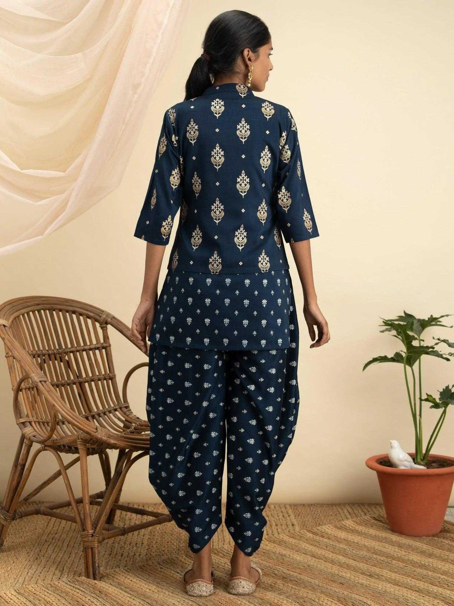 Blue Printed Silk Kurta Set with Jacket