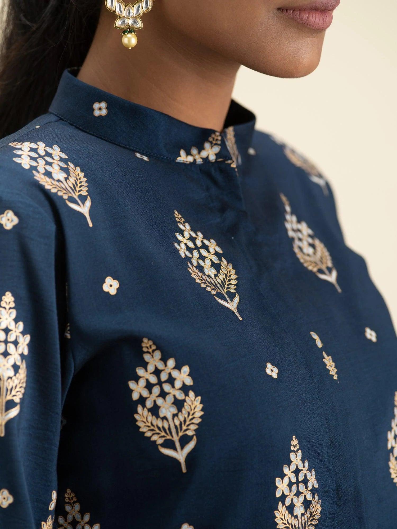 Blue Printed Silk Kurta Set with Jacket