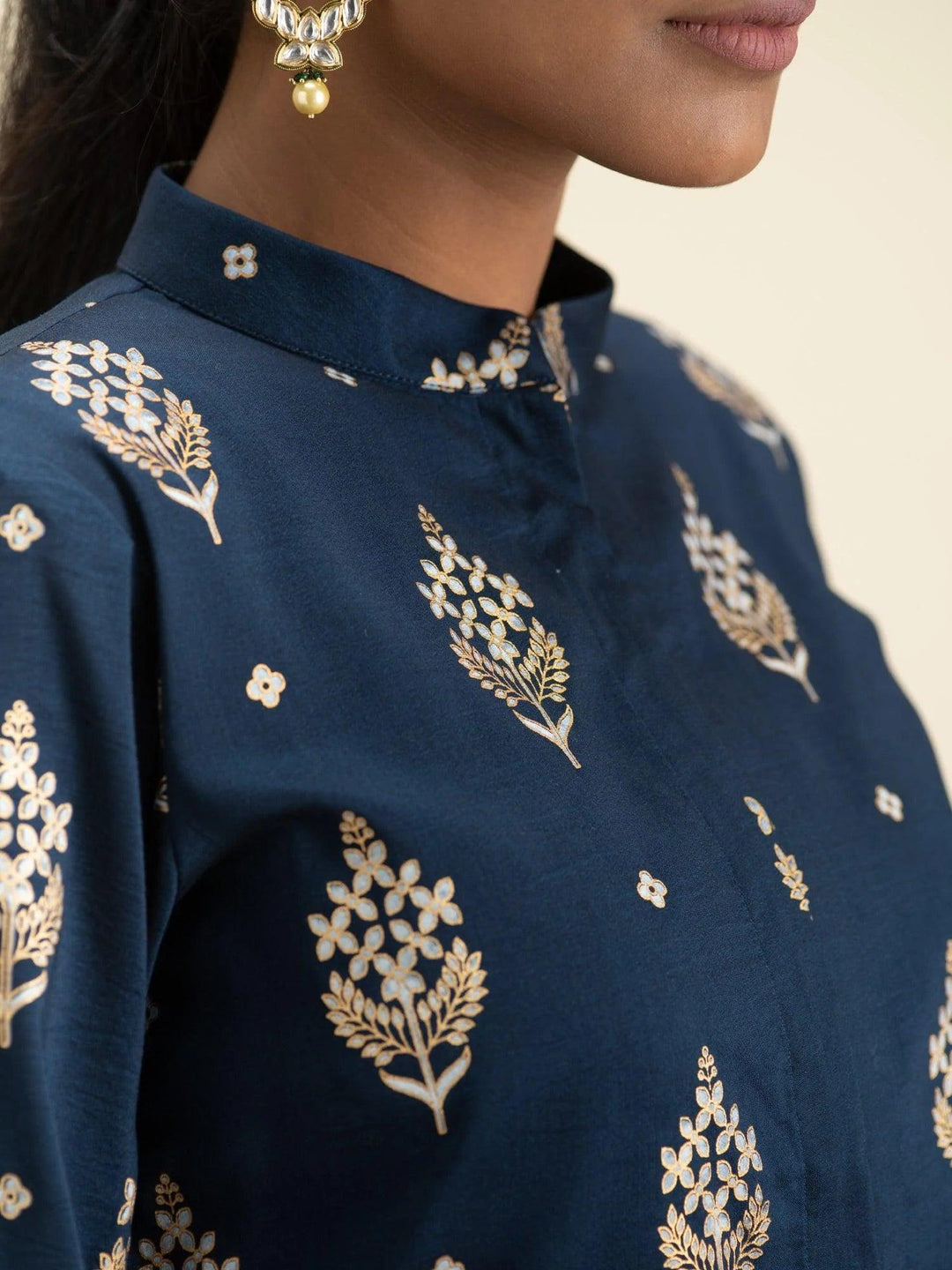 Blue Printed Silk Kurta Set with Jacket - ShopLibas