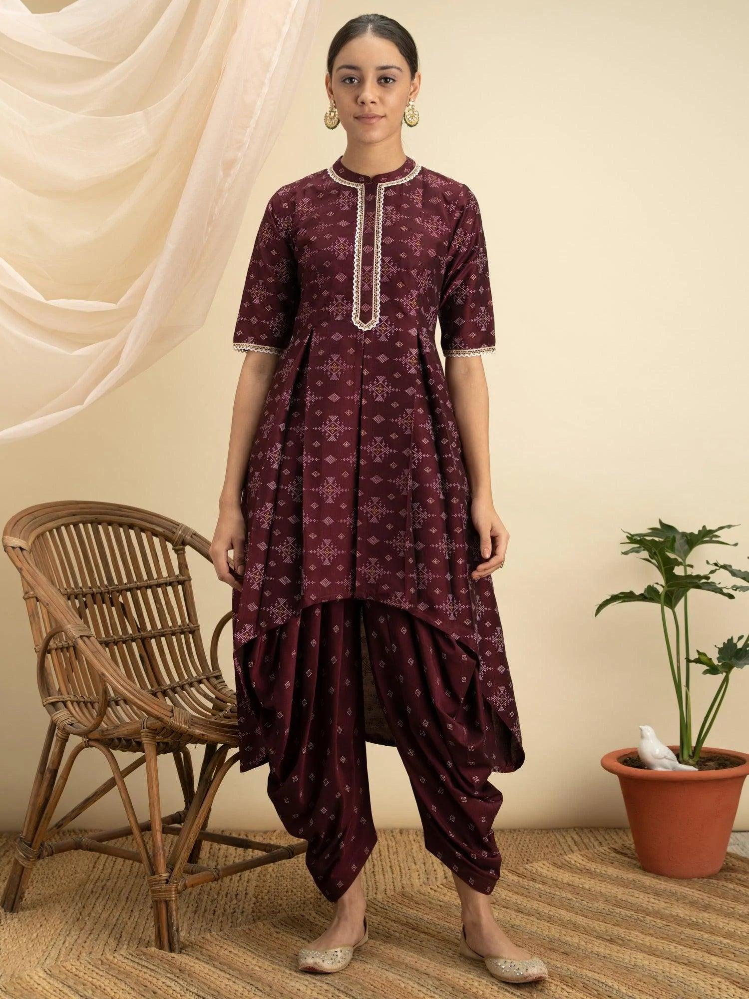 Purple Printed Silk A-Line Kurta Set