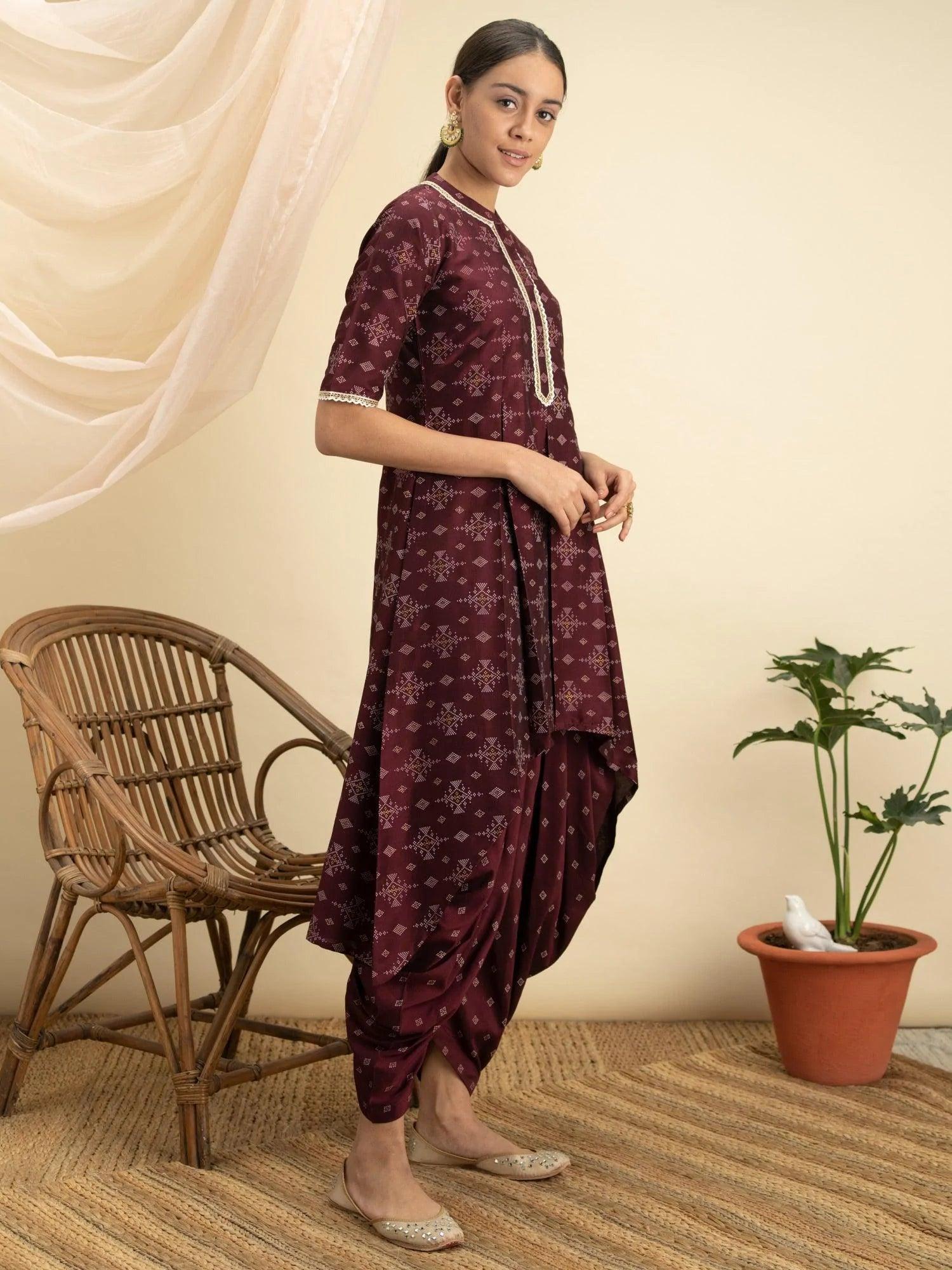 Purple Printed Silk A-Line Kurta Set