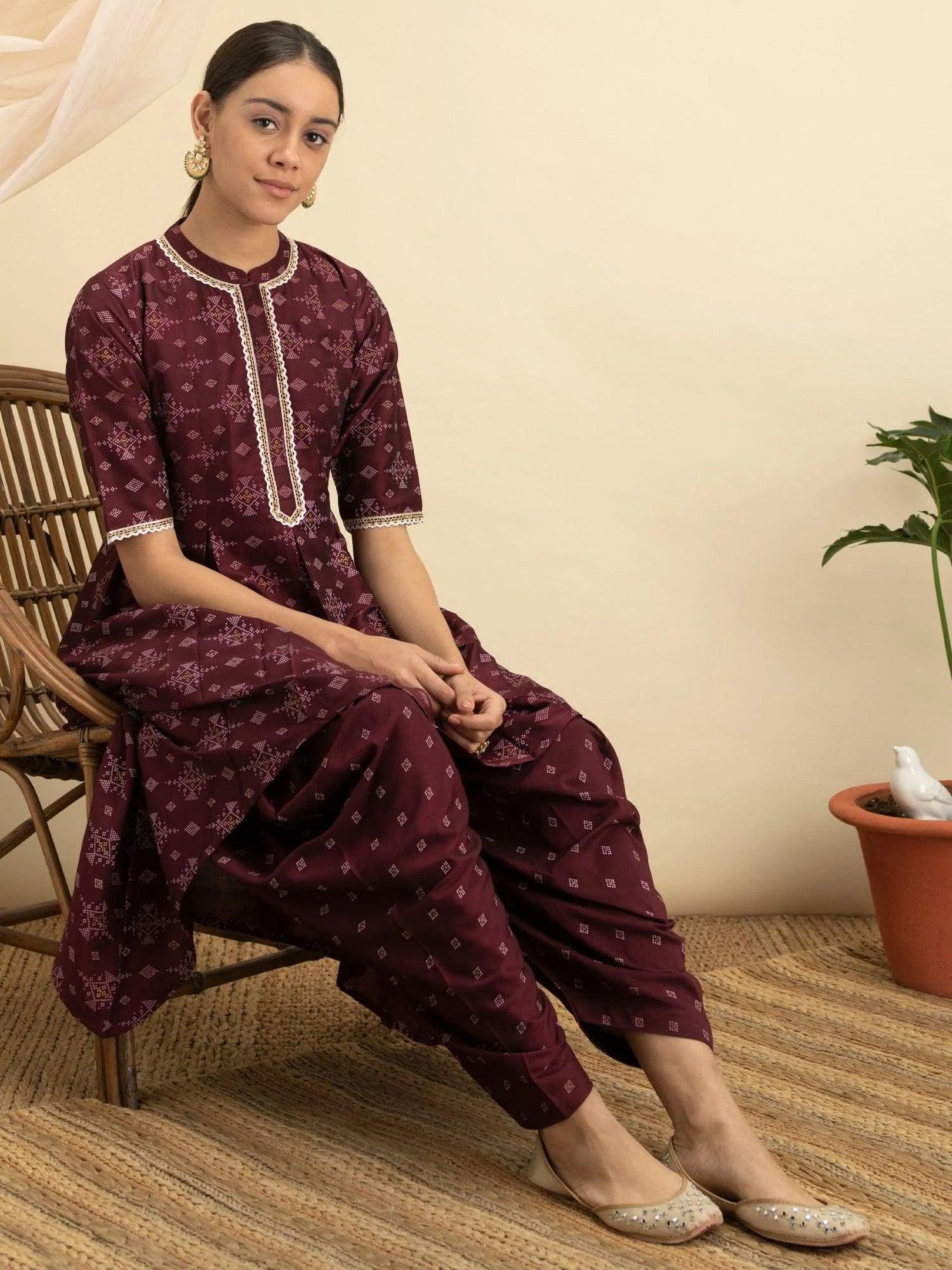 Purple Printed Silk A-Line Kurta Set