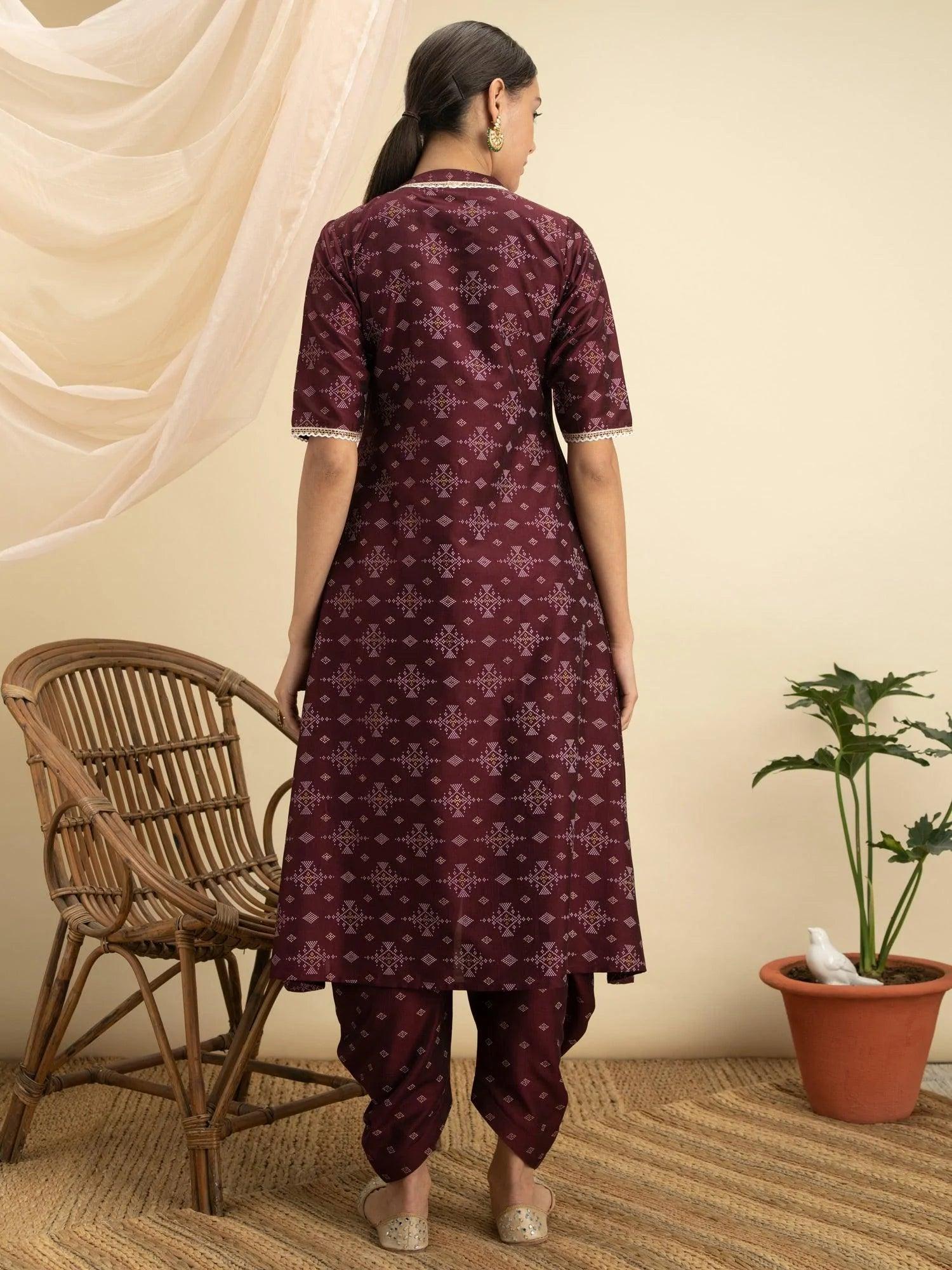 Purple Printed Silk A-Line Kurta Set