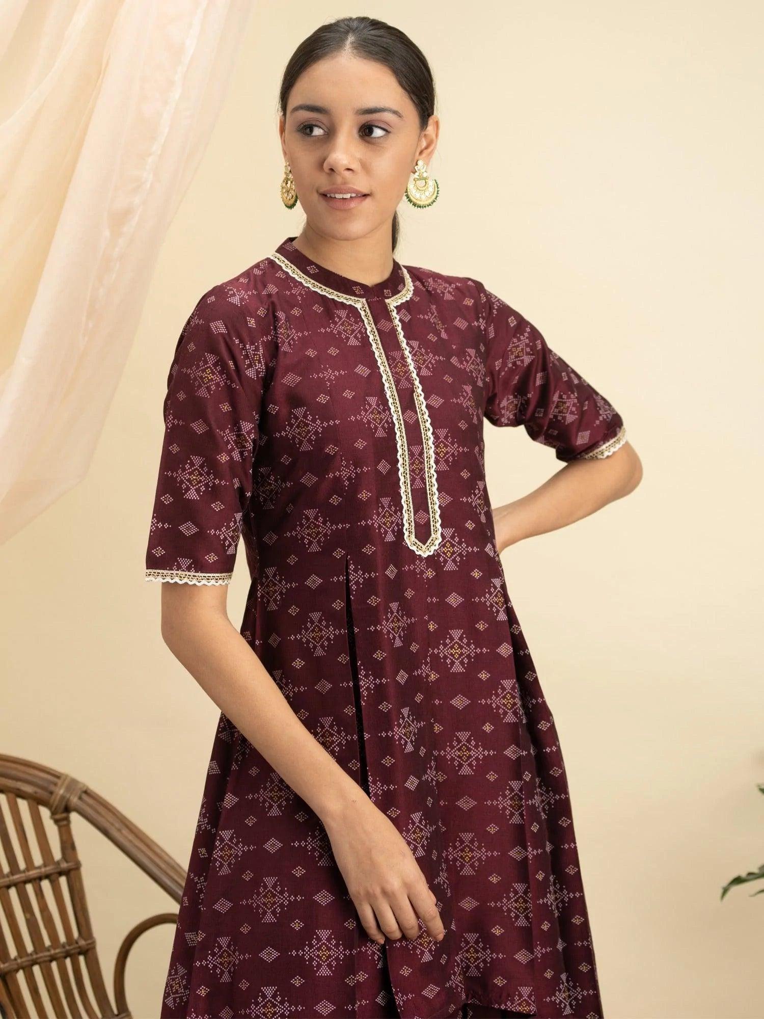 Purple Printed Silk A-Line Kurta Set