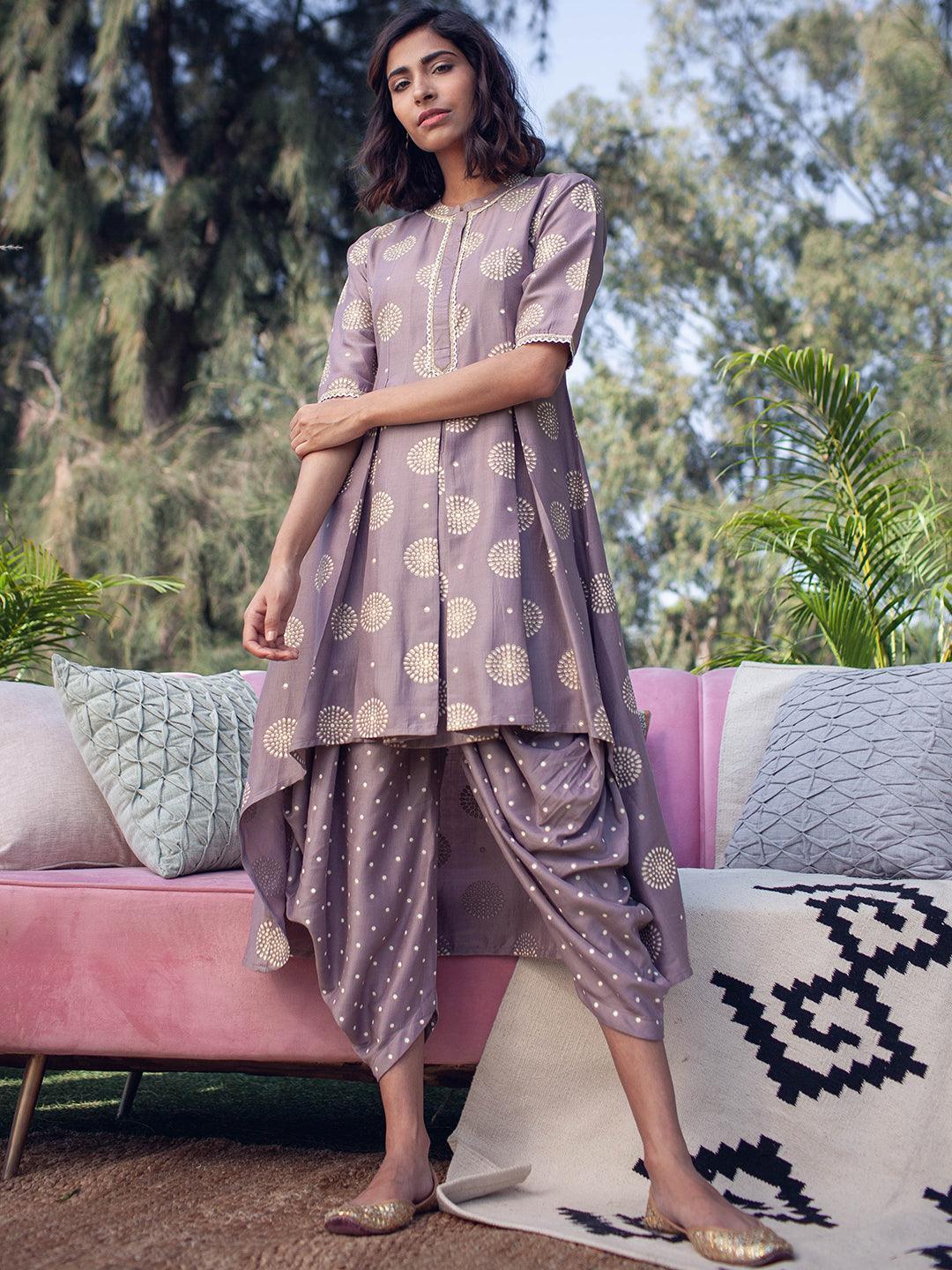 Taupe Printed Silk A-Line Kurta Set