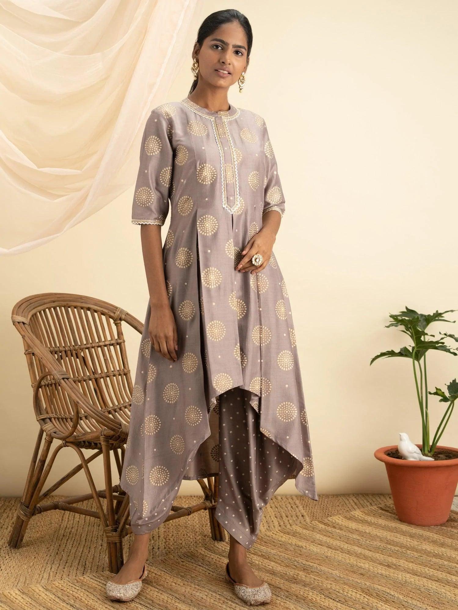 Taupe Printed Silk A-Line Kurta Set