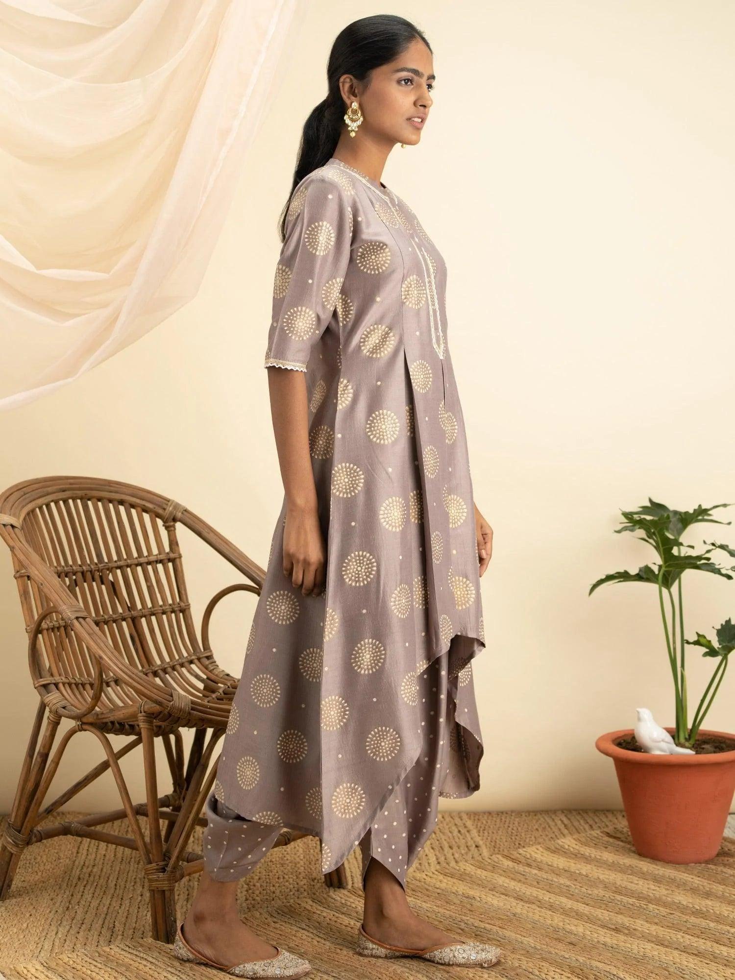 Taupe Printed Silk A-Line Kurta Set